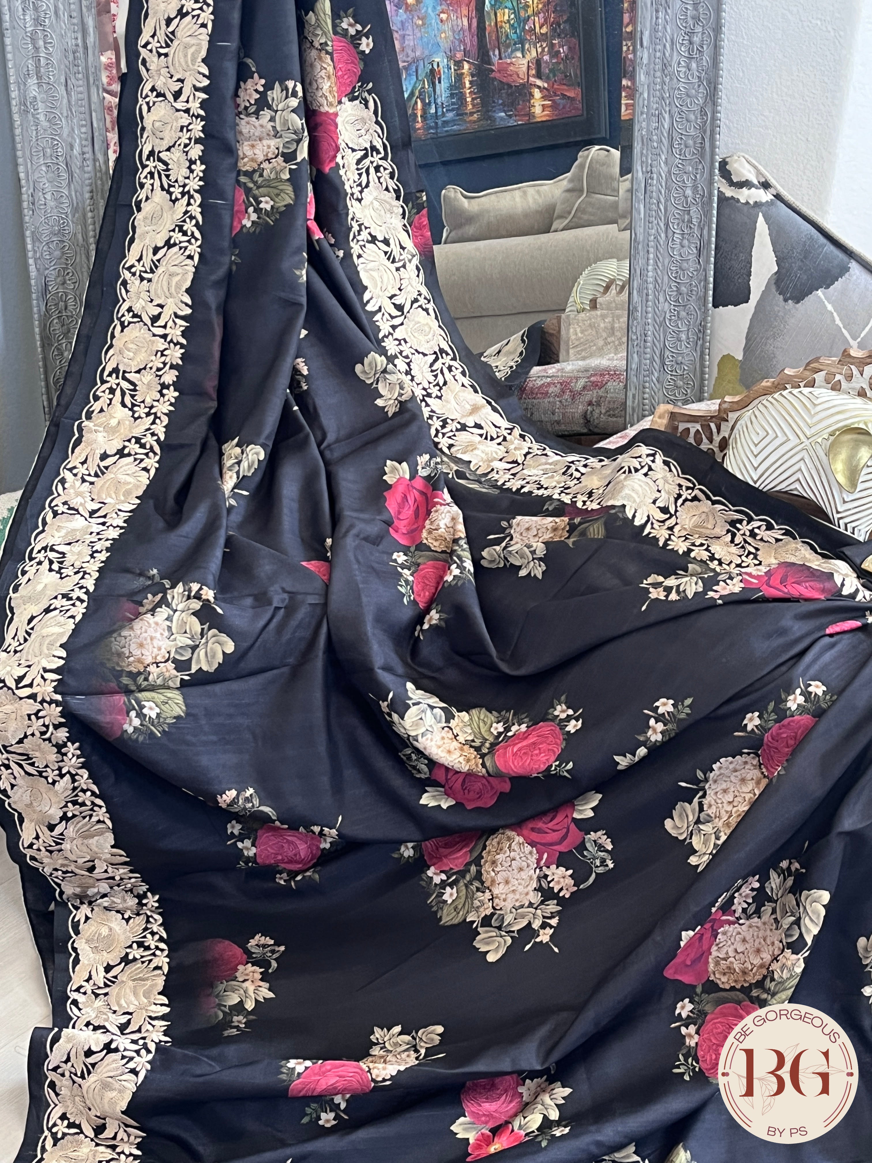 Parsi embroidery raw silk Floral Printed Saree color - black