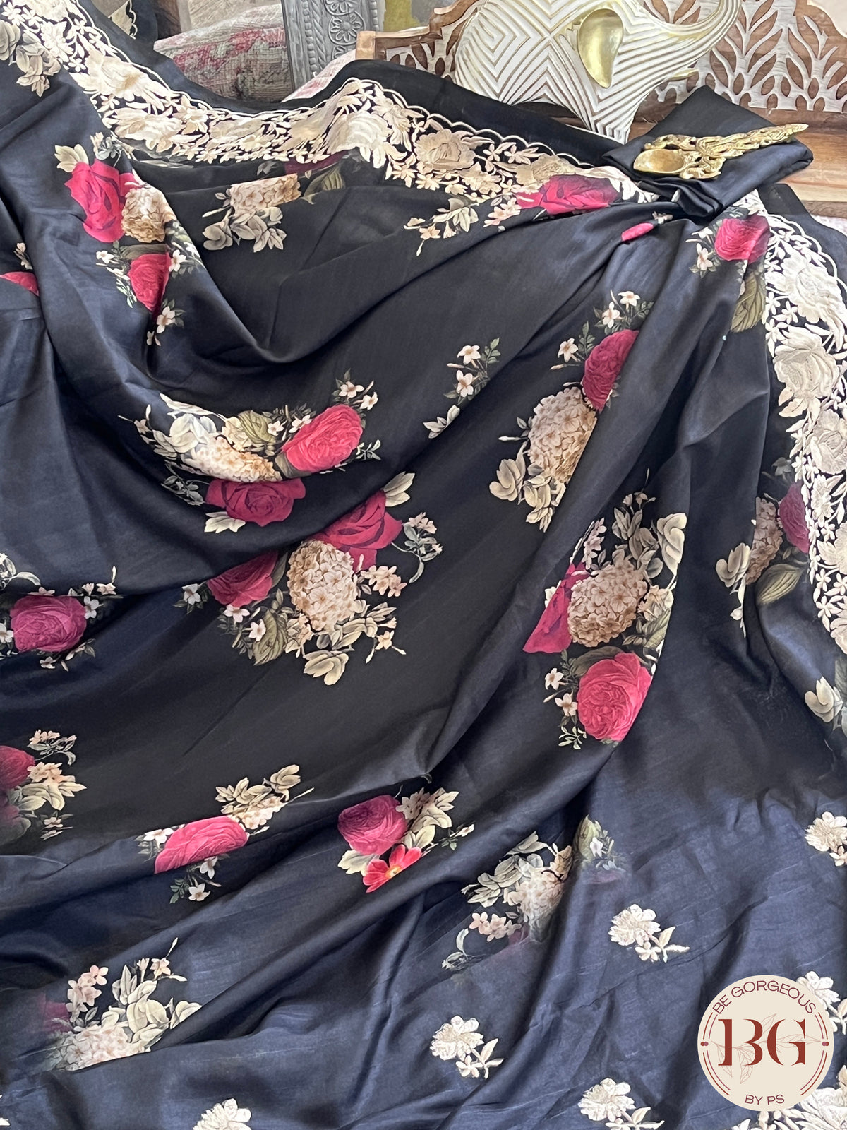 Parsi embroidery raw silk Floral Printed Saree color - black