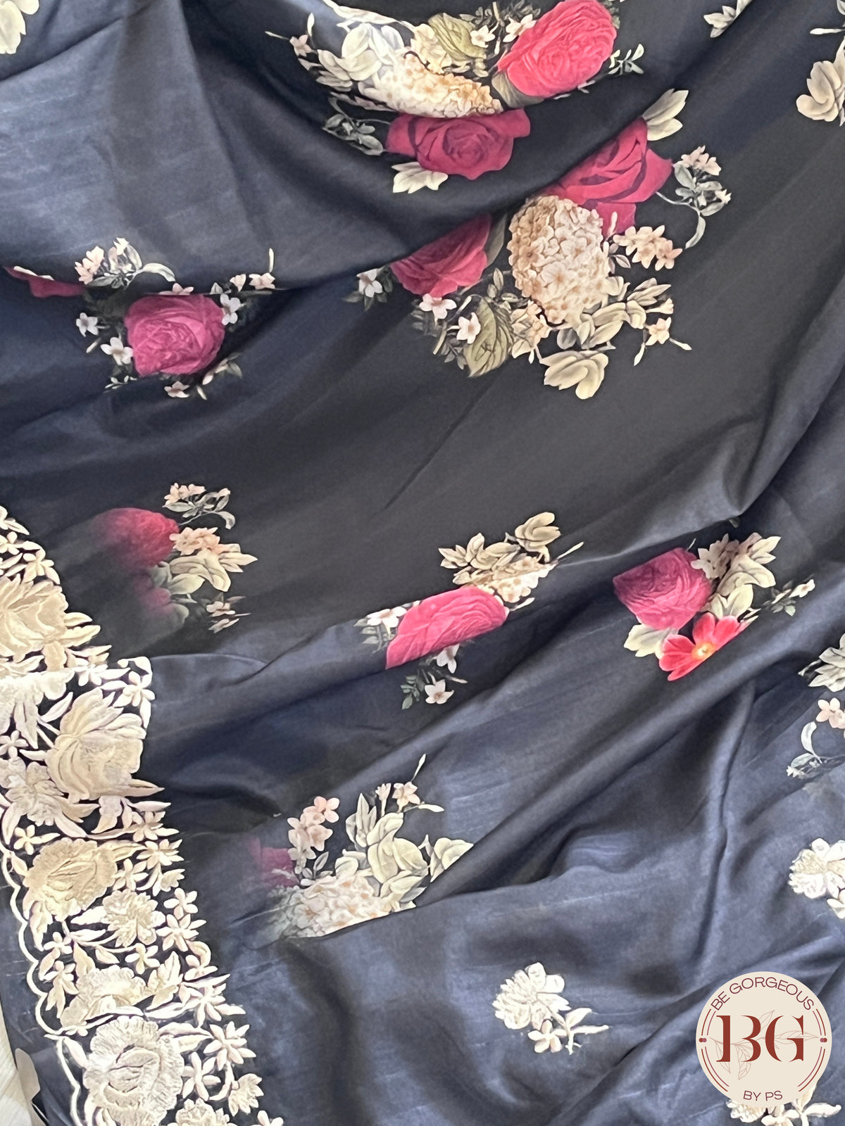 Parsi embroidery raw silk Floral Printed Saree color - black