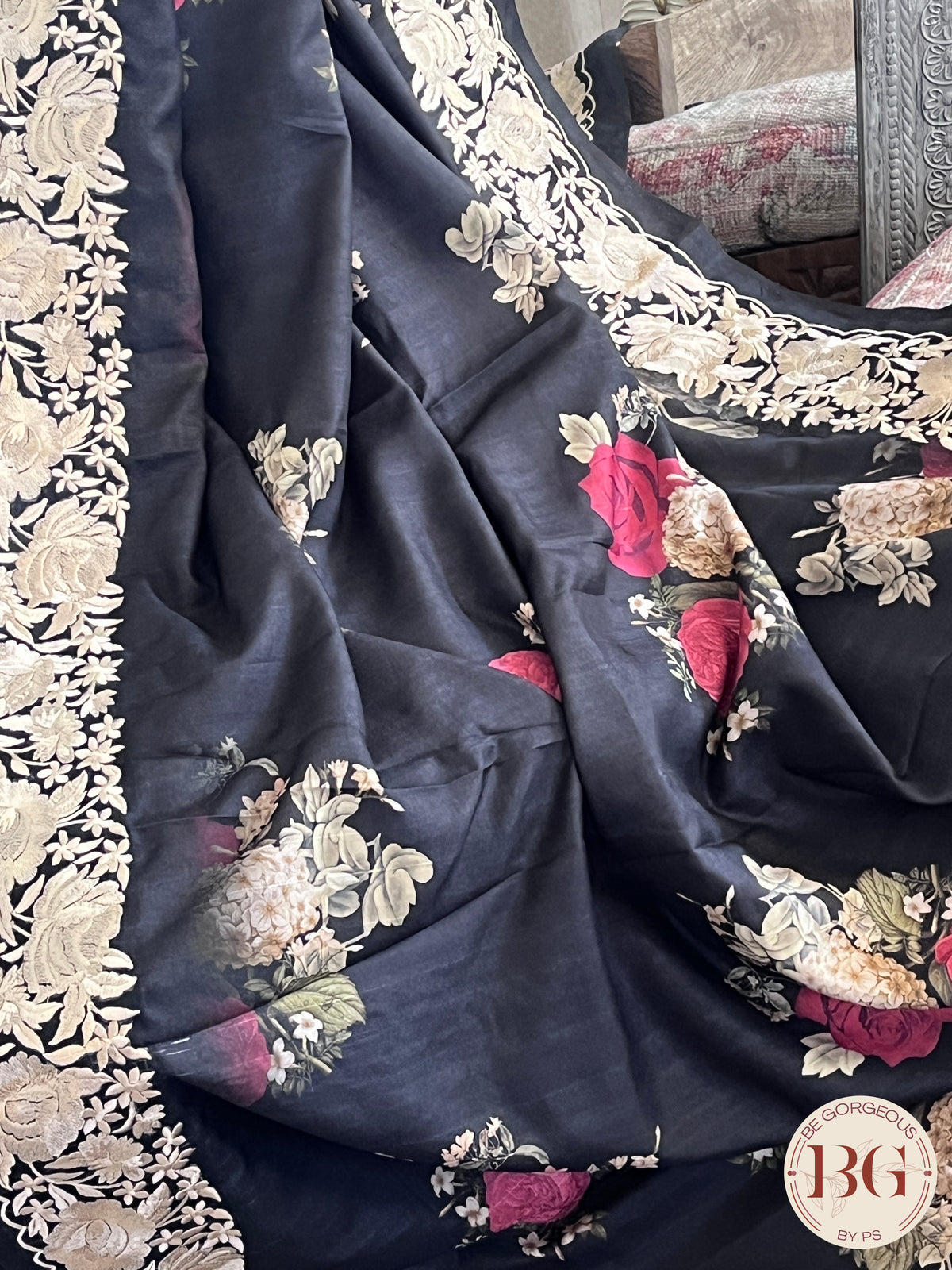 Parsi embroidery raw silk Floral Printed Saree color - black