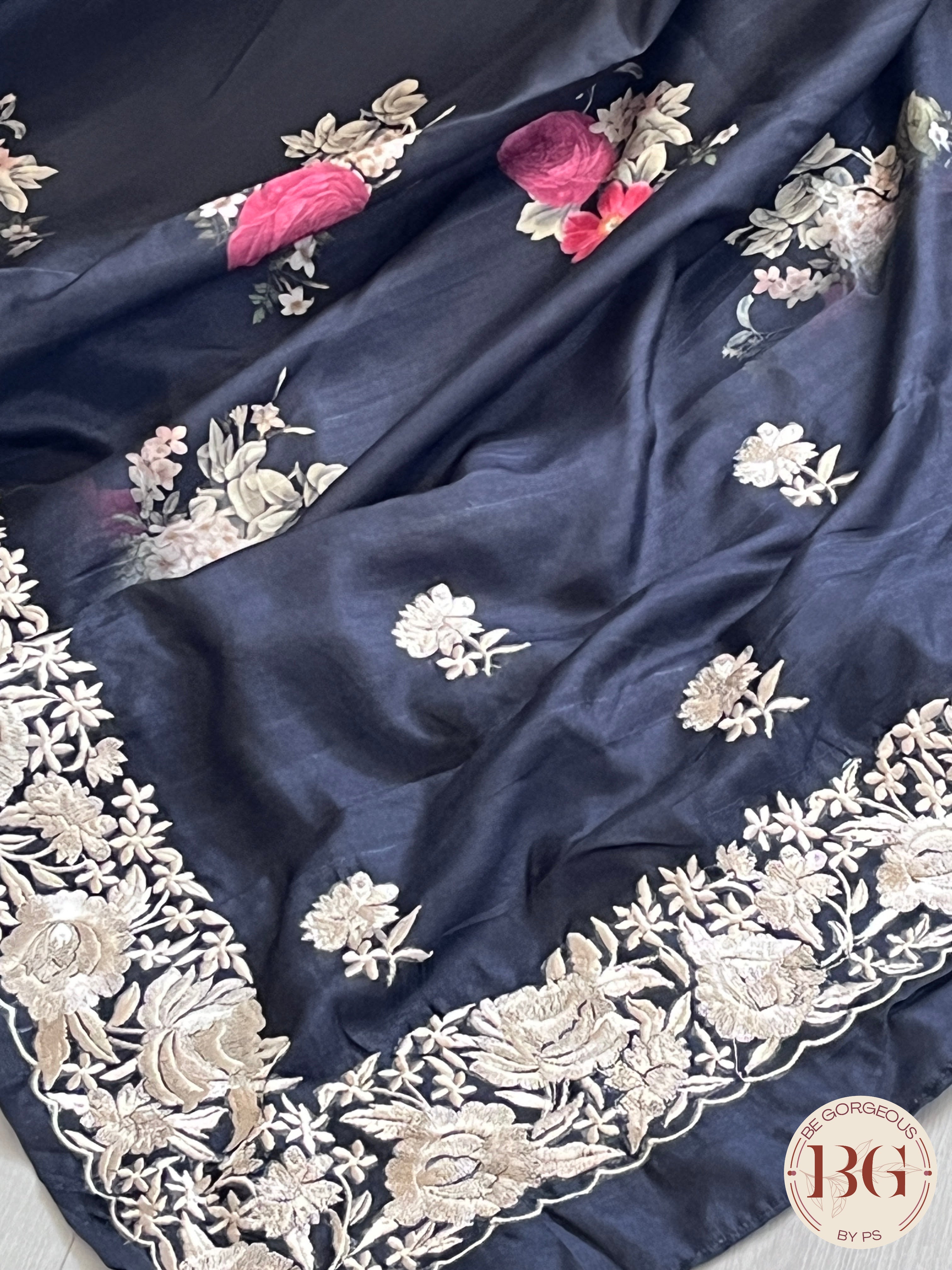 Parsi embroidery raw silk Floral Printed Saree color - black