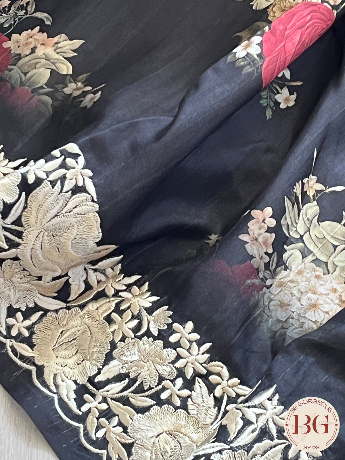 Parsi embroidery raw silk Floral Printed Saree color - black