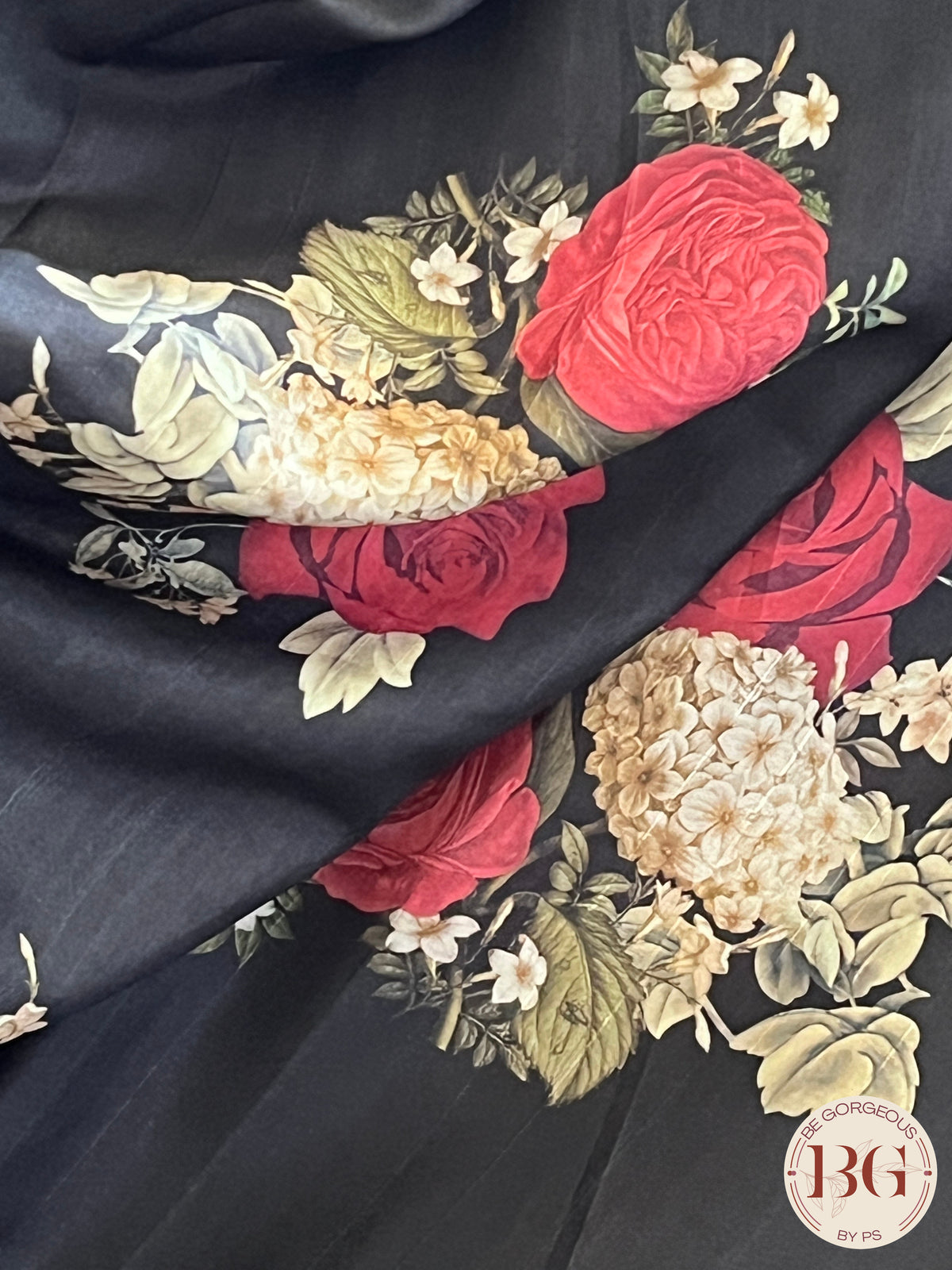 Parsi embroidery raw silk Floral Printed Saree color - black