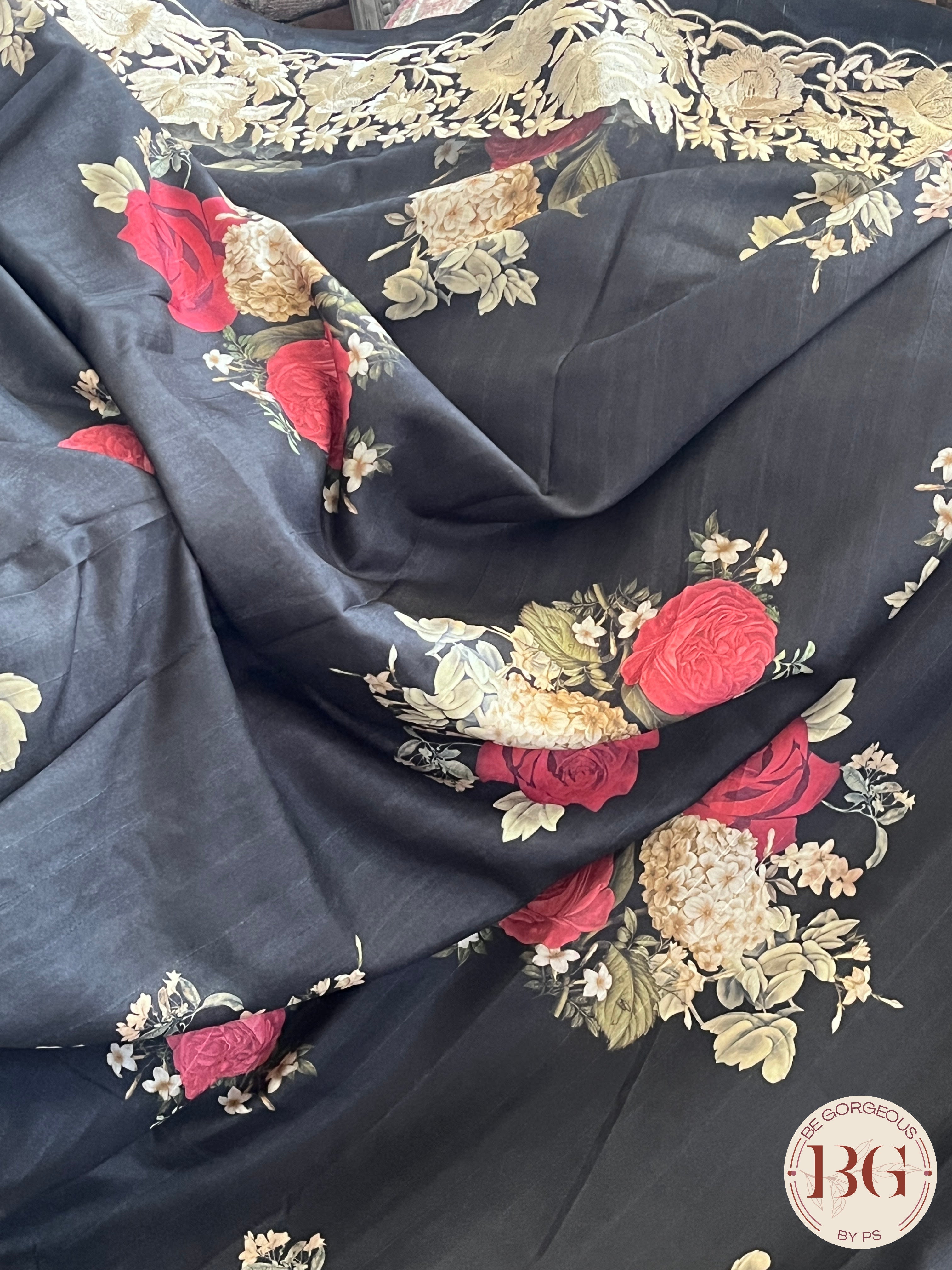 Parsi embroidery raw silk Floral Printed Saree color - black