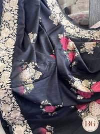 Parsi embroidery raw silk Floral Printed Saree color - black