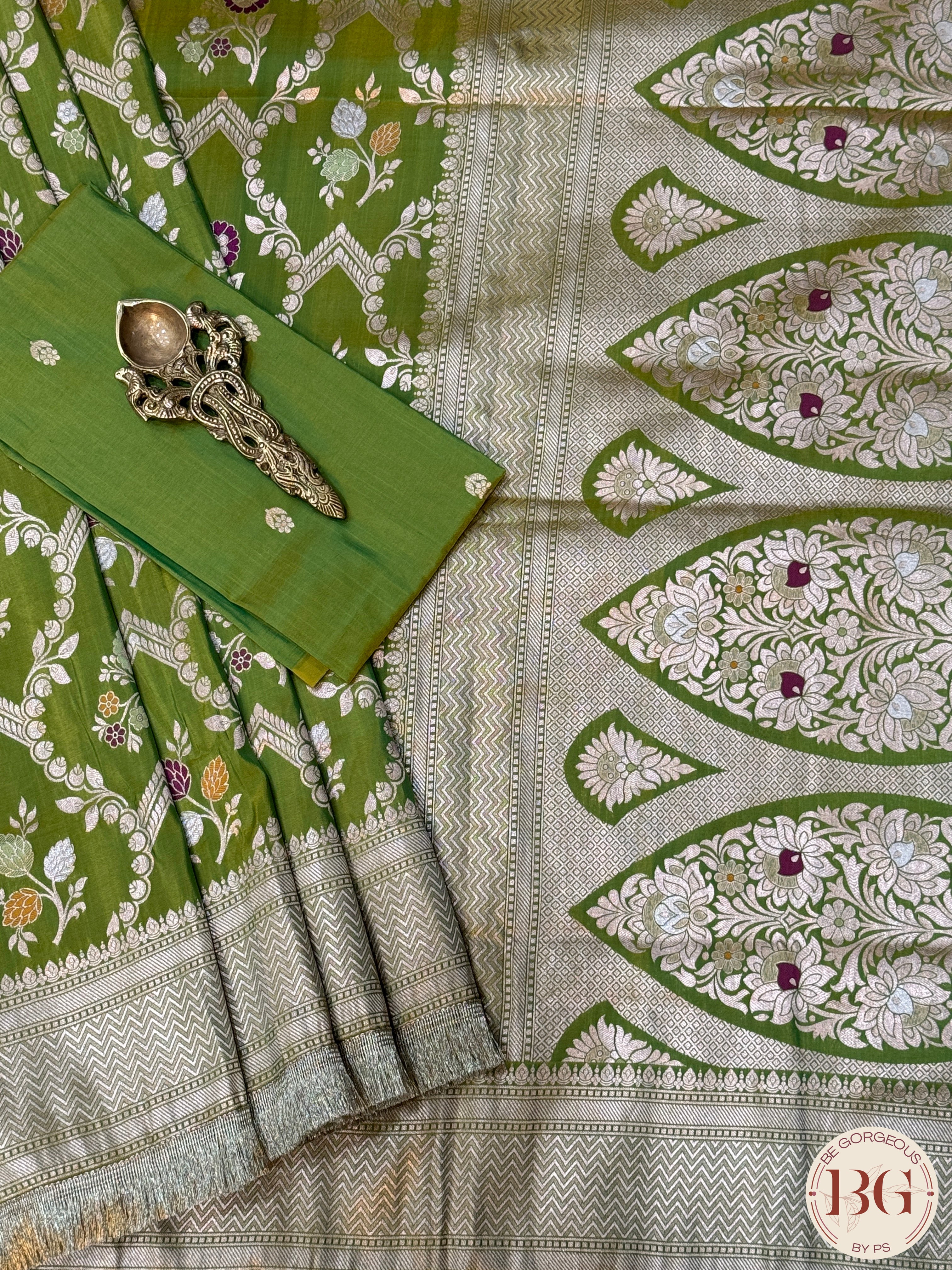 Banarasi Handloom Katan Silk Saree with meenakari work - Silk mark certfied - mehendi green