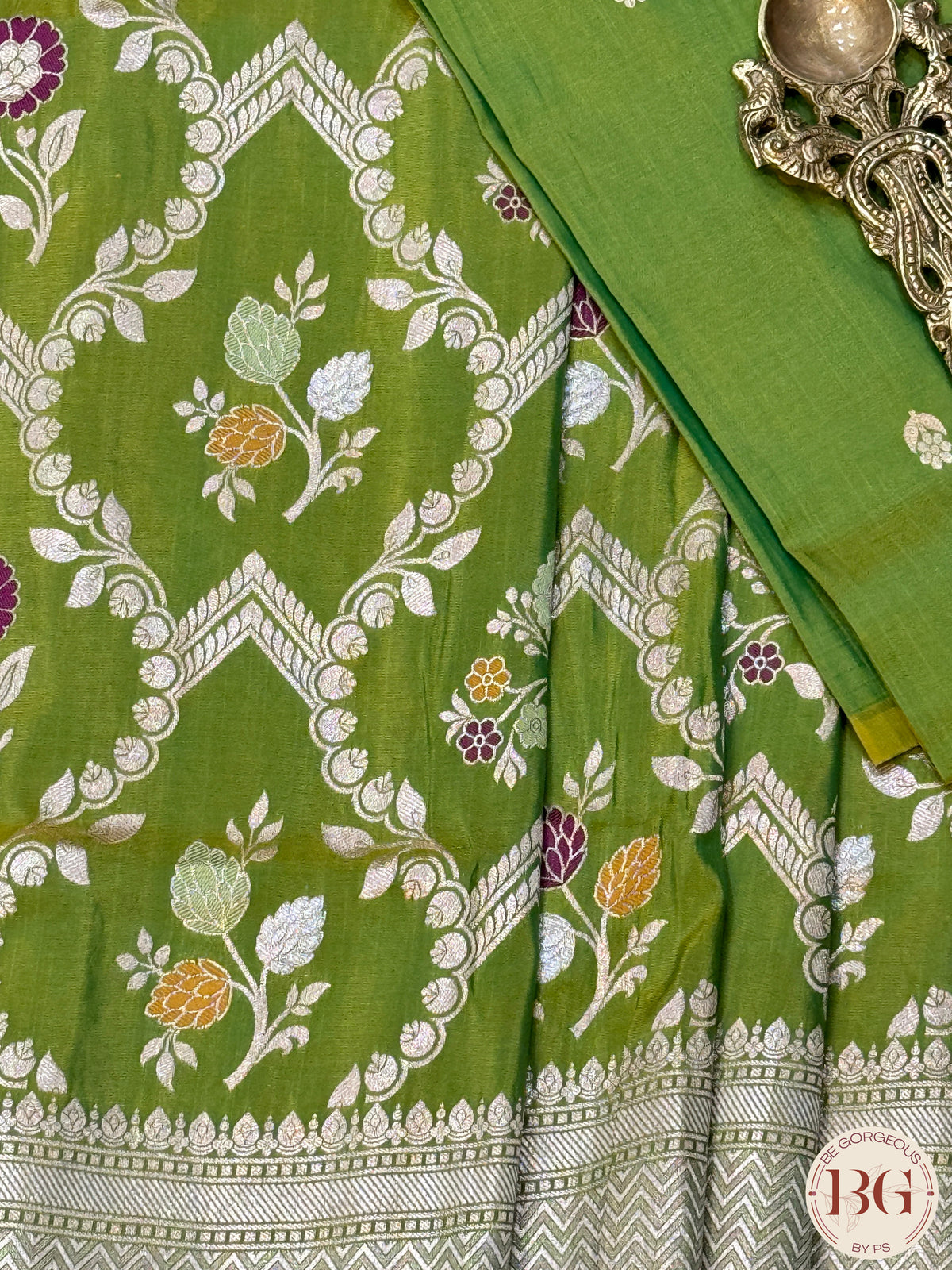 Banarasi Handloom Katan Silk Saree with meenakari work - Silk mark certfied - mehendi green