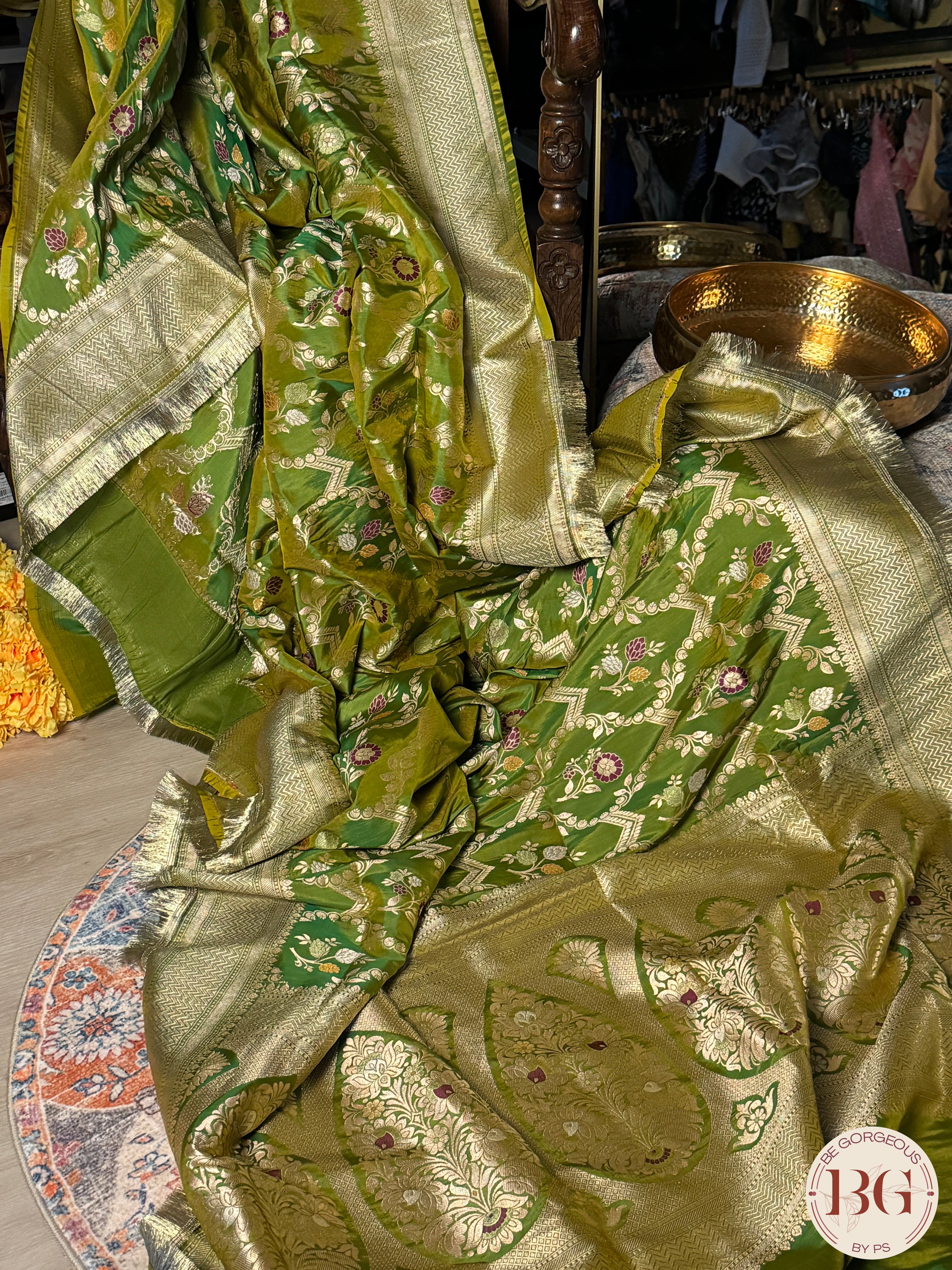 Banarasi Handloom Katan Silk Saree with meenakari work - Silk mark certfied - mehendi green