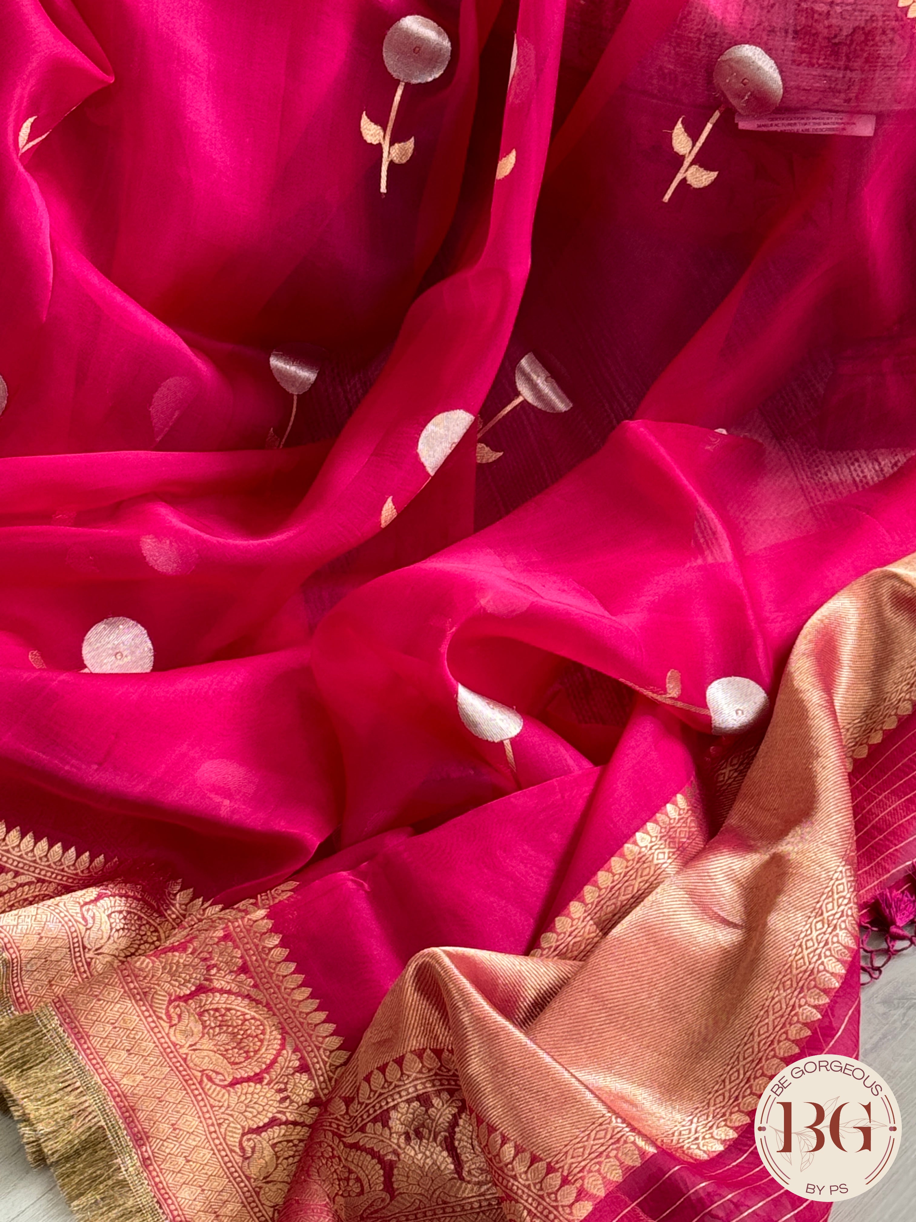 Banarasi Handloom Kora Organza Silk Saree with lace - Silk mark certified - megenta