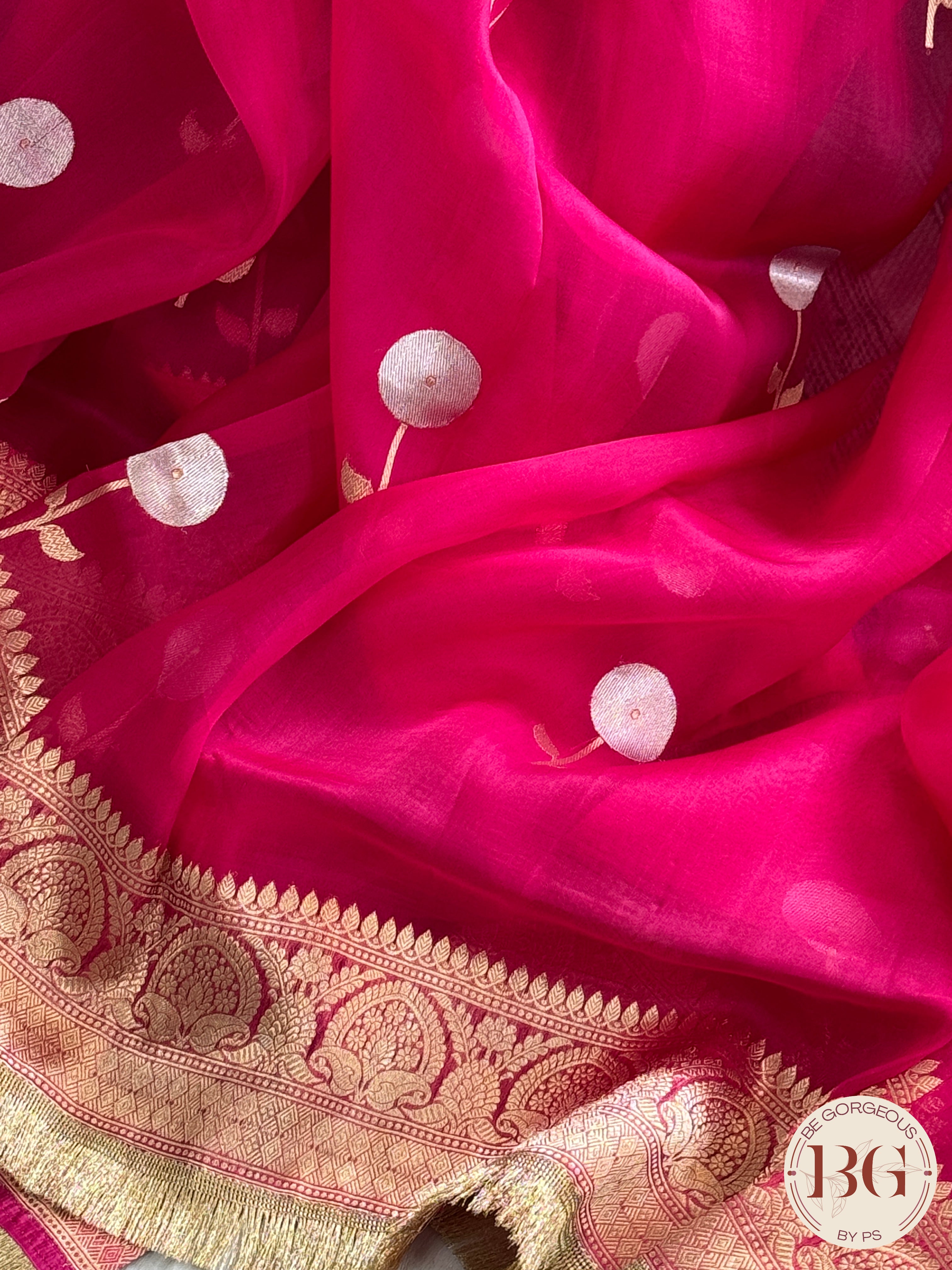 Banarasi Handloom Kora Organza Silk Saree with lace - Silk mark certified - megenta