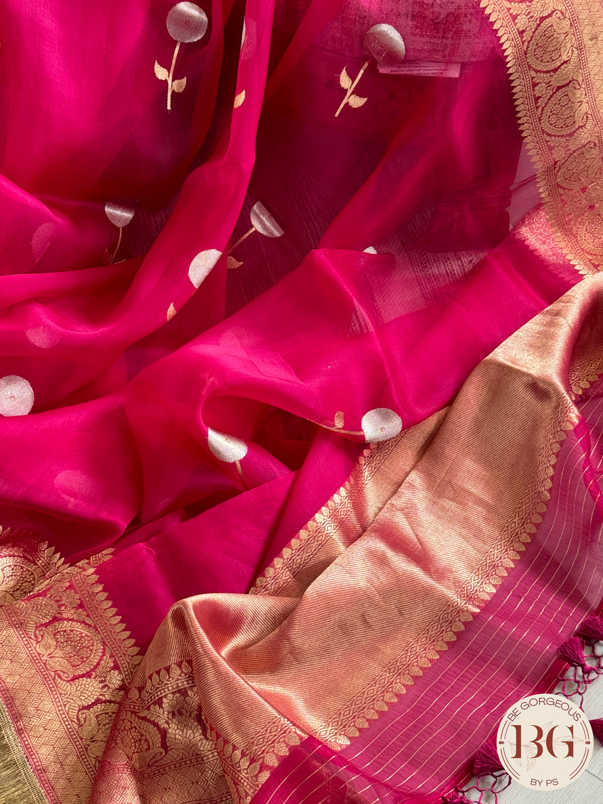 Banarasi Handloom Kora Organza Silk Saree with lace - Silk mark certified - megenta