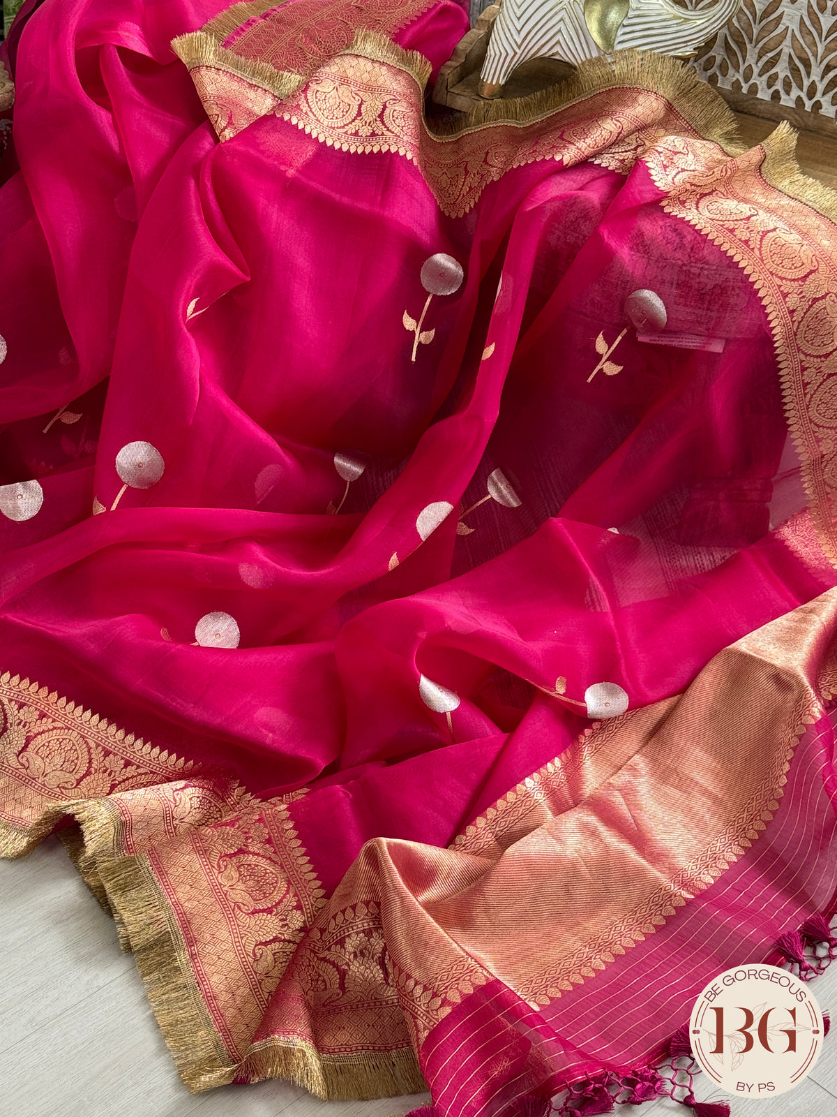 Banarasi Handloom Kora Organza Silk Saree with lace - Silk mark certified - megenta