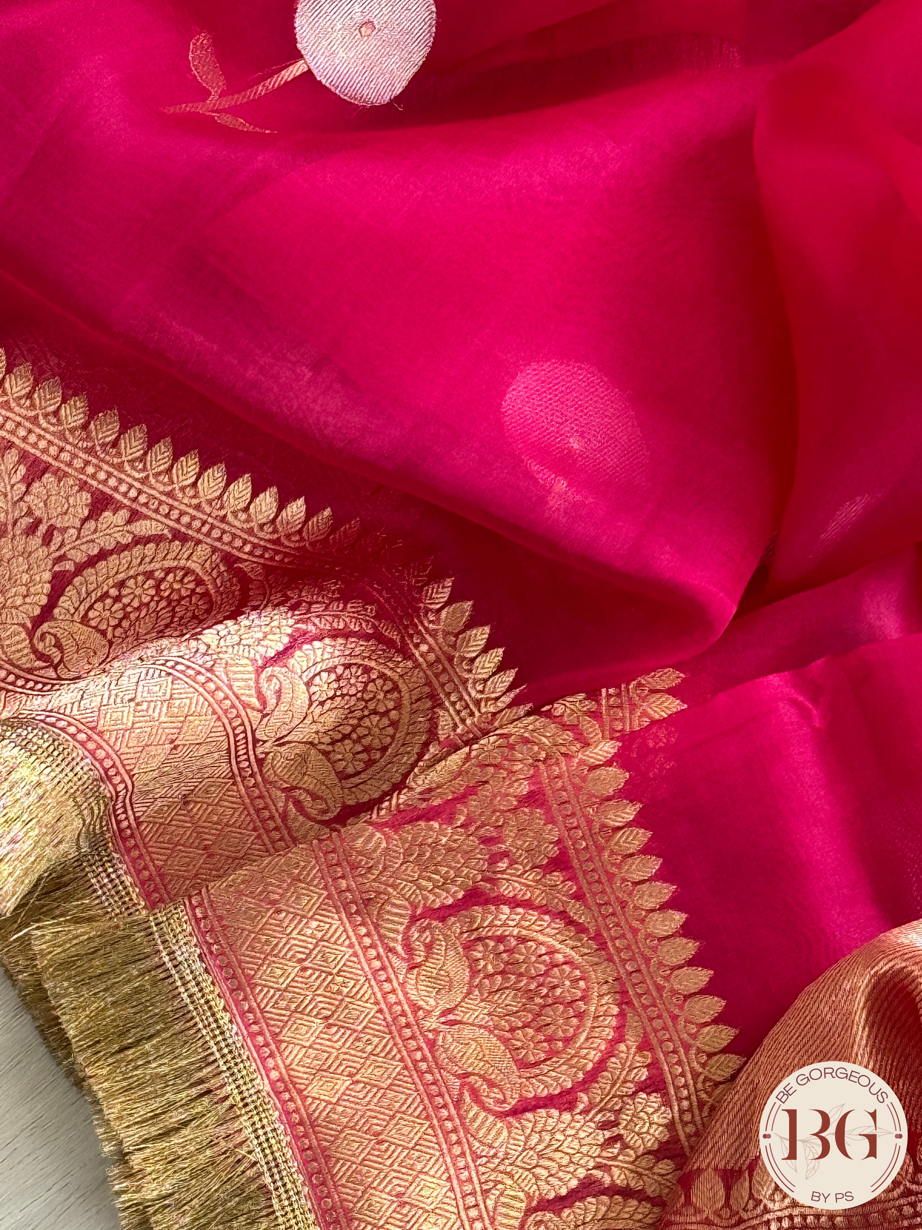 Banarasi Handloom Kora Organza Silk Saree with lace - Silk mark certified - megenta