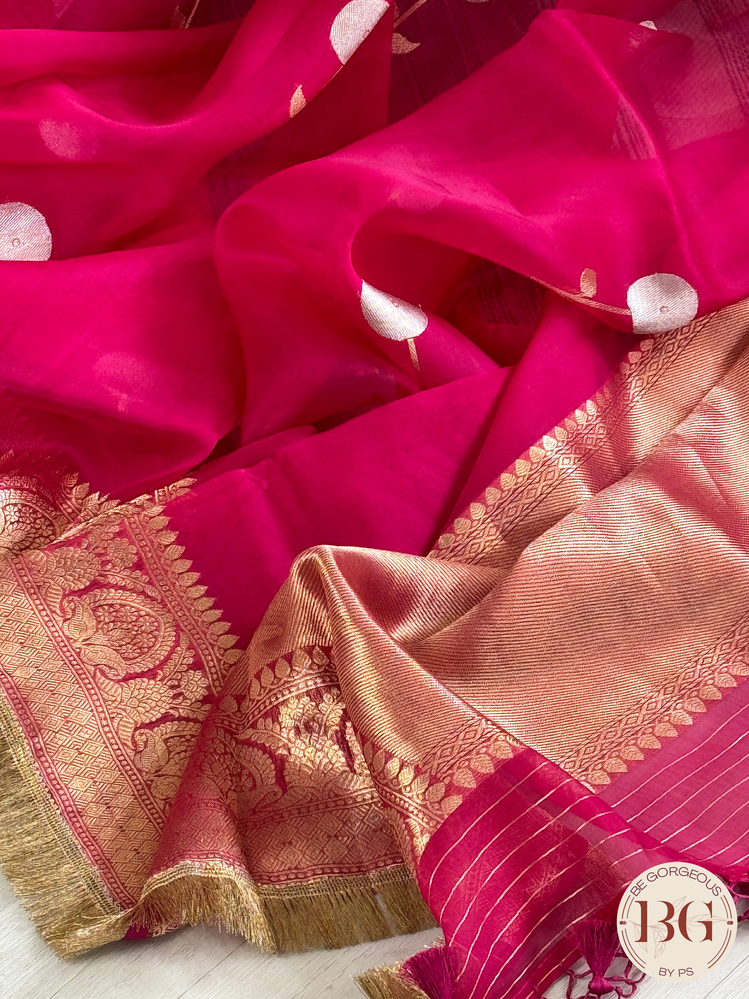 Banarasi Handloom Kora Organza Silk Saree with lace - Silk mark certified - megenta