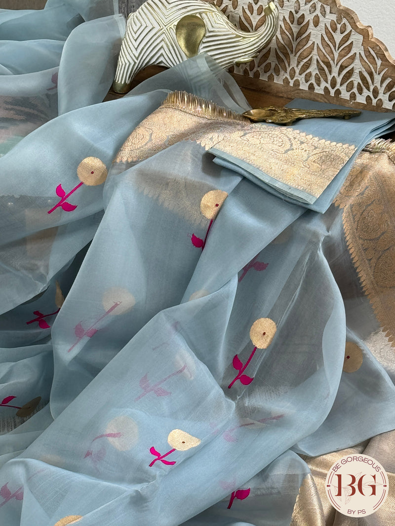 Banarasi Handloom Kora Organza Silk Saree with lace - Silk mark certified - blue