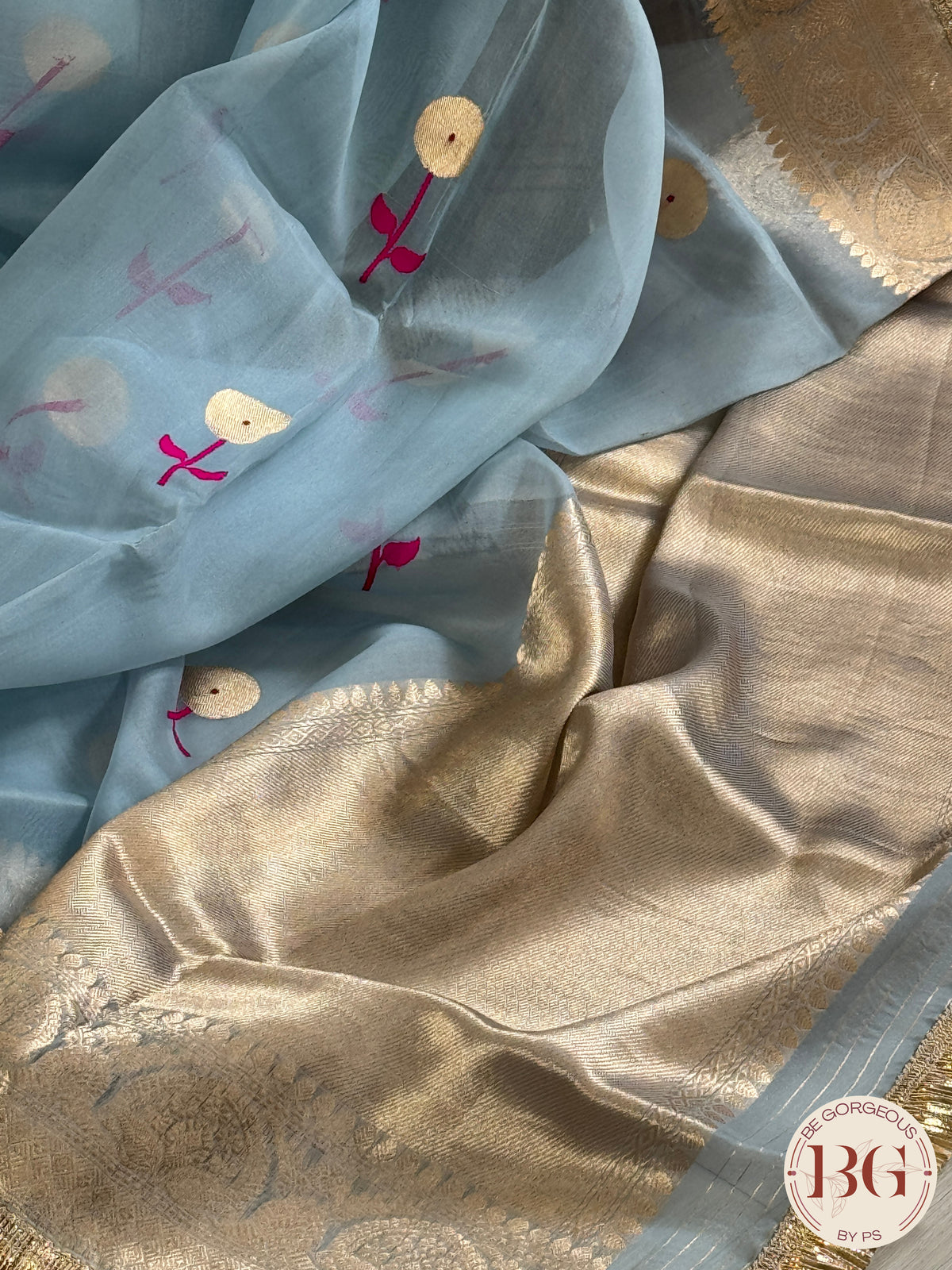 Banarasi Handloom Kora Organza Silk Saree with lace - Silk mark certified - blue