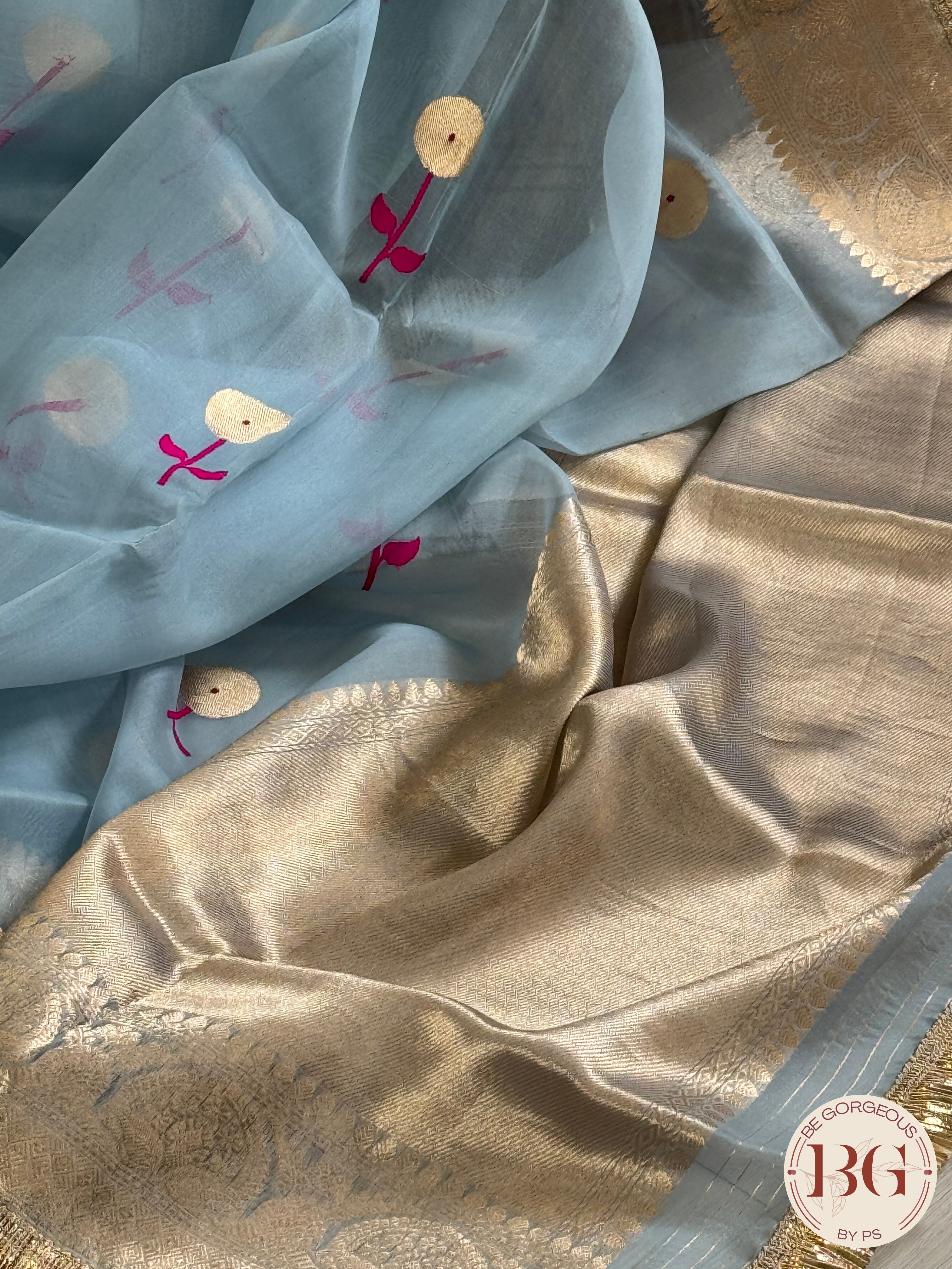 Banarasi Kora Organza silk mark certified saree with lace - Blue