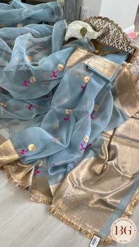 Banarasi Handloom Kora Organza Silk Saree with lace - Silk mark certified - blue