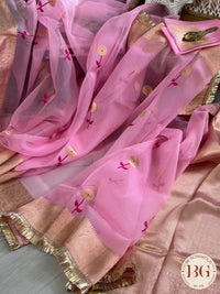 Banarasi Handloom Kora Organza Silk Saree with lace - Silk mark certified - pink