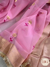 Banarasi Handloom Kora Organza Silk Saree with lace - Silk mark certified - pink