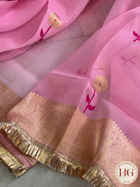Banarasi Handloom Kora Organza Silk Saree with lace - Silk mark certified - pink
