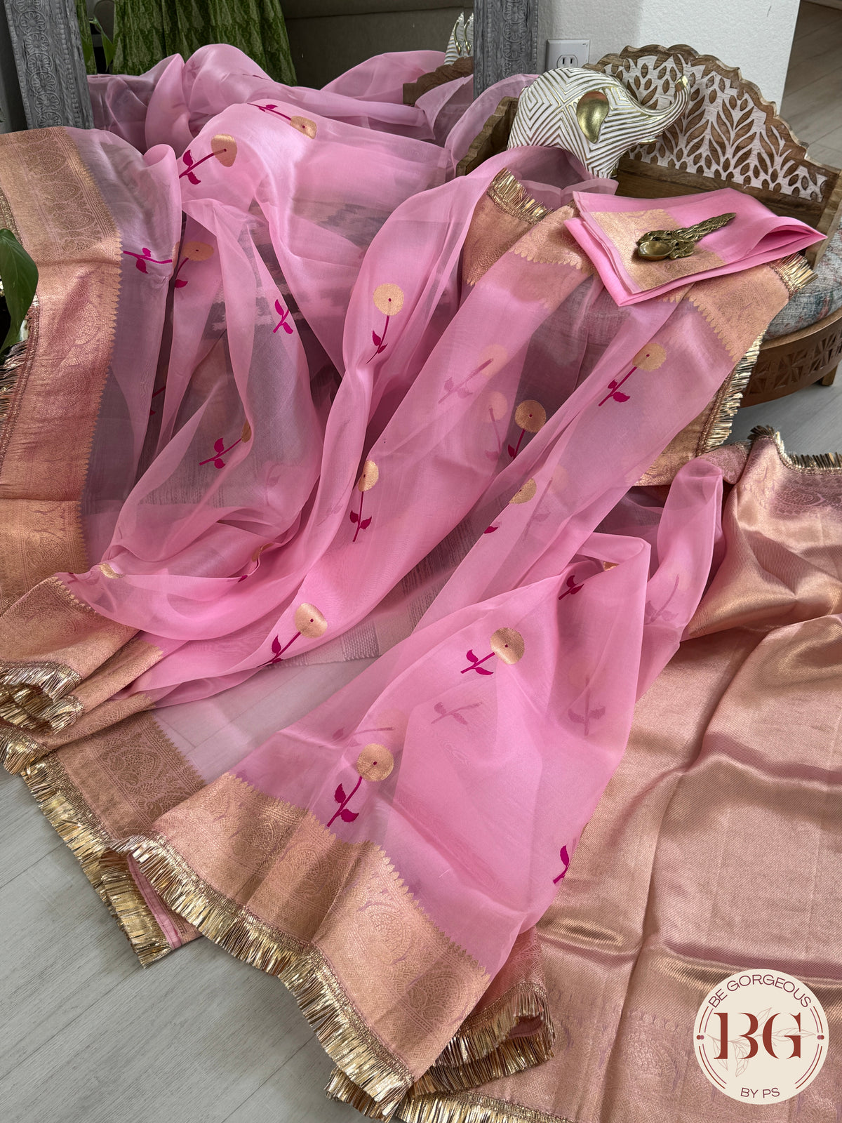 Banarasi Handloom Kora Organza Silk Saree with lace - Silk mark certified - pink