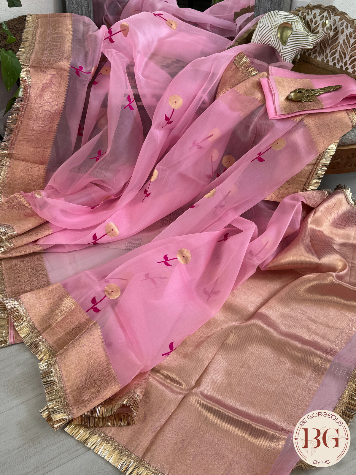 Banarasi Handloom Kora Organza Silk Saree with lace - Silk mark certified - pink