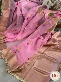 Banarasi Handloom Kora Organza Silk Saree with lace - Silk mark certified - pink