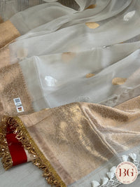 Banarasi Handloom Kora Organza Silk Saree with lace - Silk mark certified - white