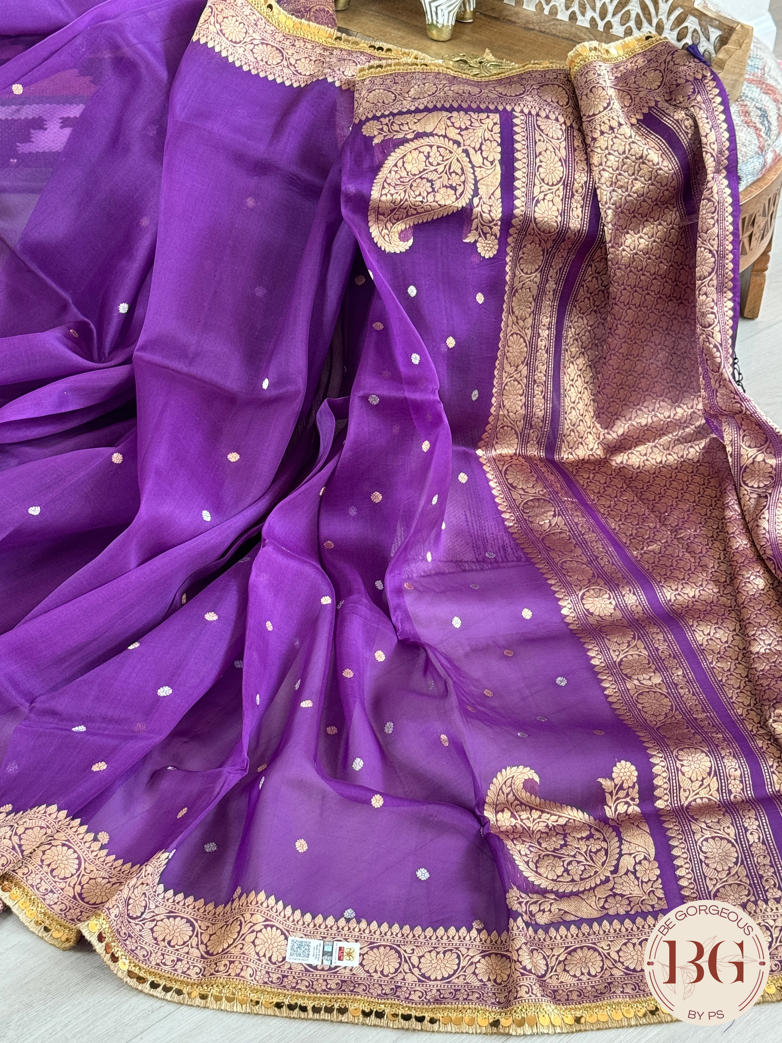 Banarasi Handloom Kora Organza Silk Saree with lace - Silk mark certified - purple