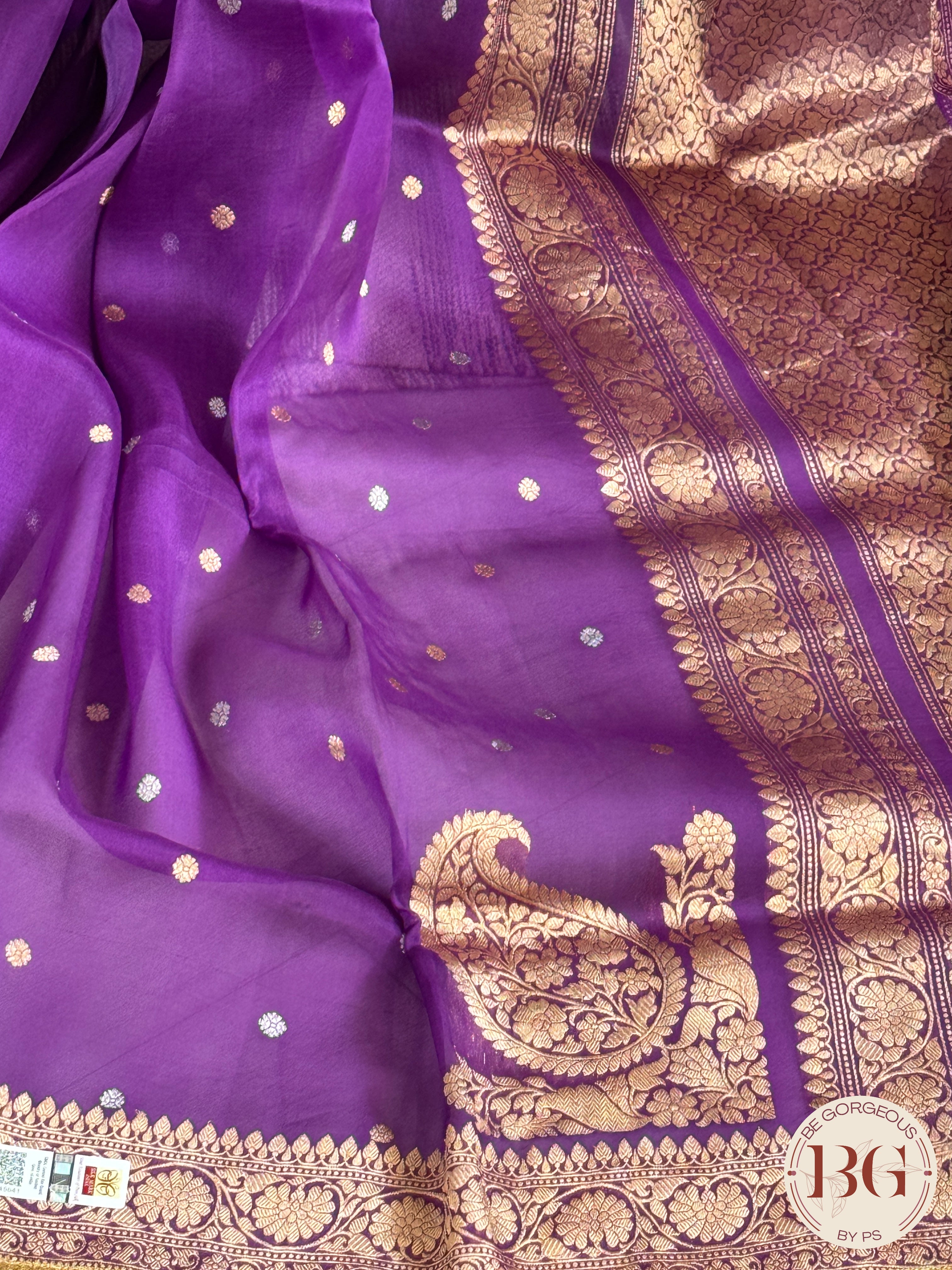 Banarasi Handloom Kora Organza Silk Saree with lace - Silk mark certified - purple