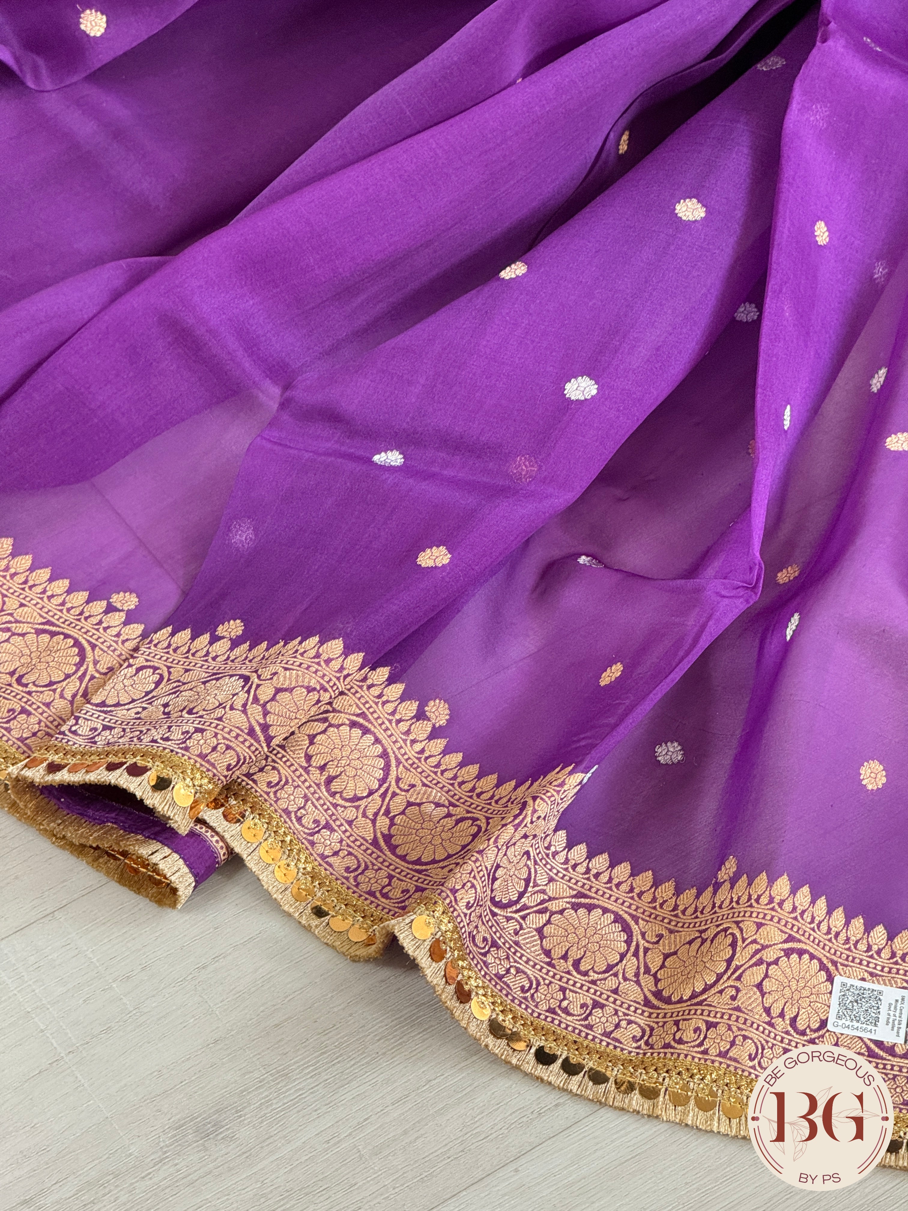 Banarasi Handloom Kora Organza Silk Saree with lace - Silk mark certified - purple