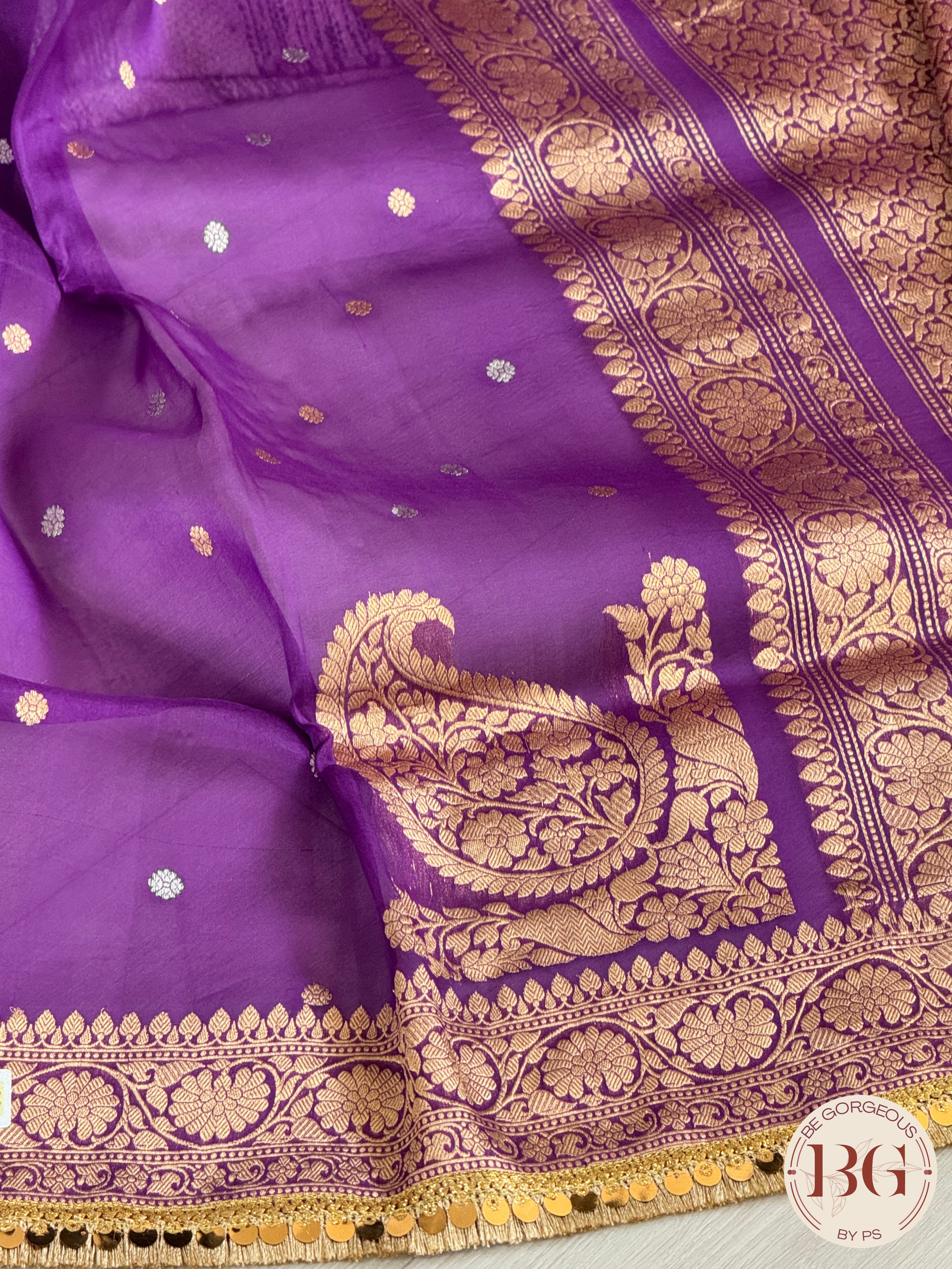 Banarasi Handloom Kora Organza Silk Saree with lace - Silk mark certified - purple