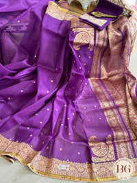 Banarasi Handloom Kora Organza Silk Saree with lace - Silk mark certified - purple