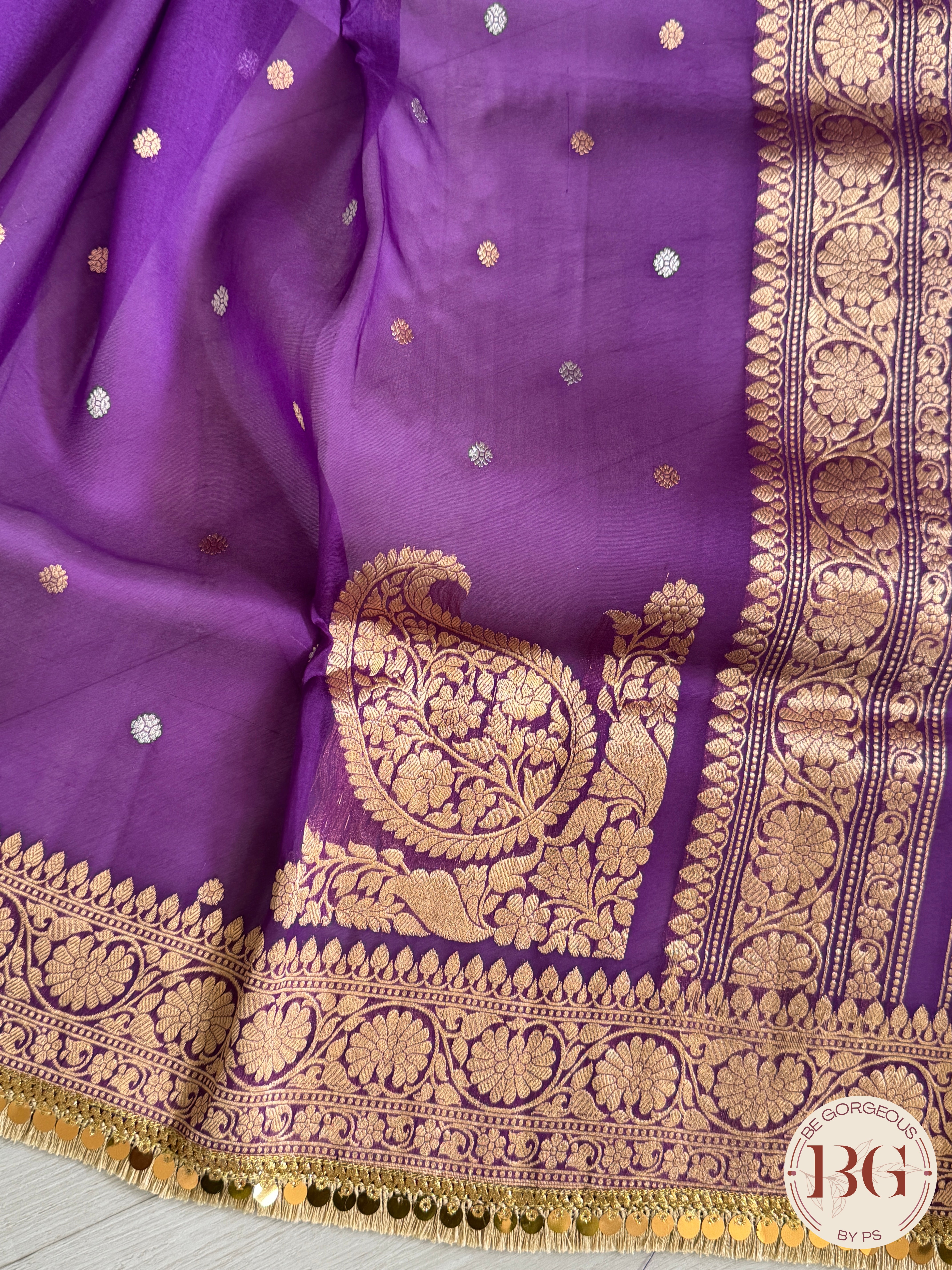 Banarasi Handloom Kora Organza Silk Saree with lace - Silk mark certified - purple