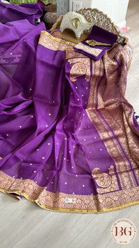 Banarasi Handloom Kora Organza Silk Saree with lace - Silk mark certified - purple