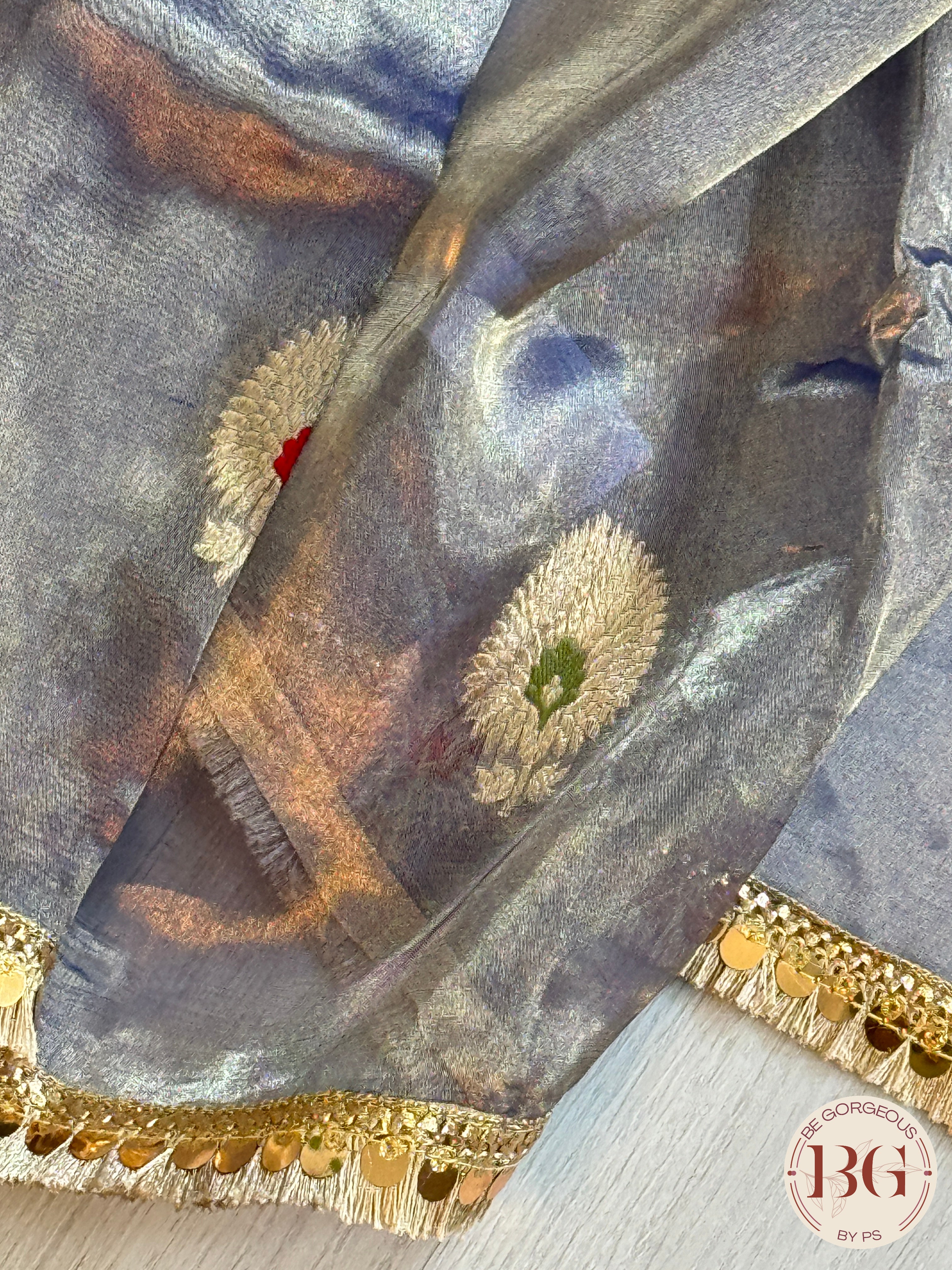 Banarasi Tissue silk with meenakari zari handwoven saree, comes with lace and silk mark certificate - peacock blue