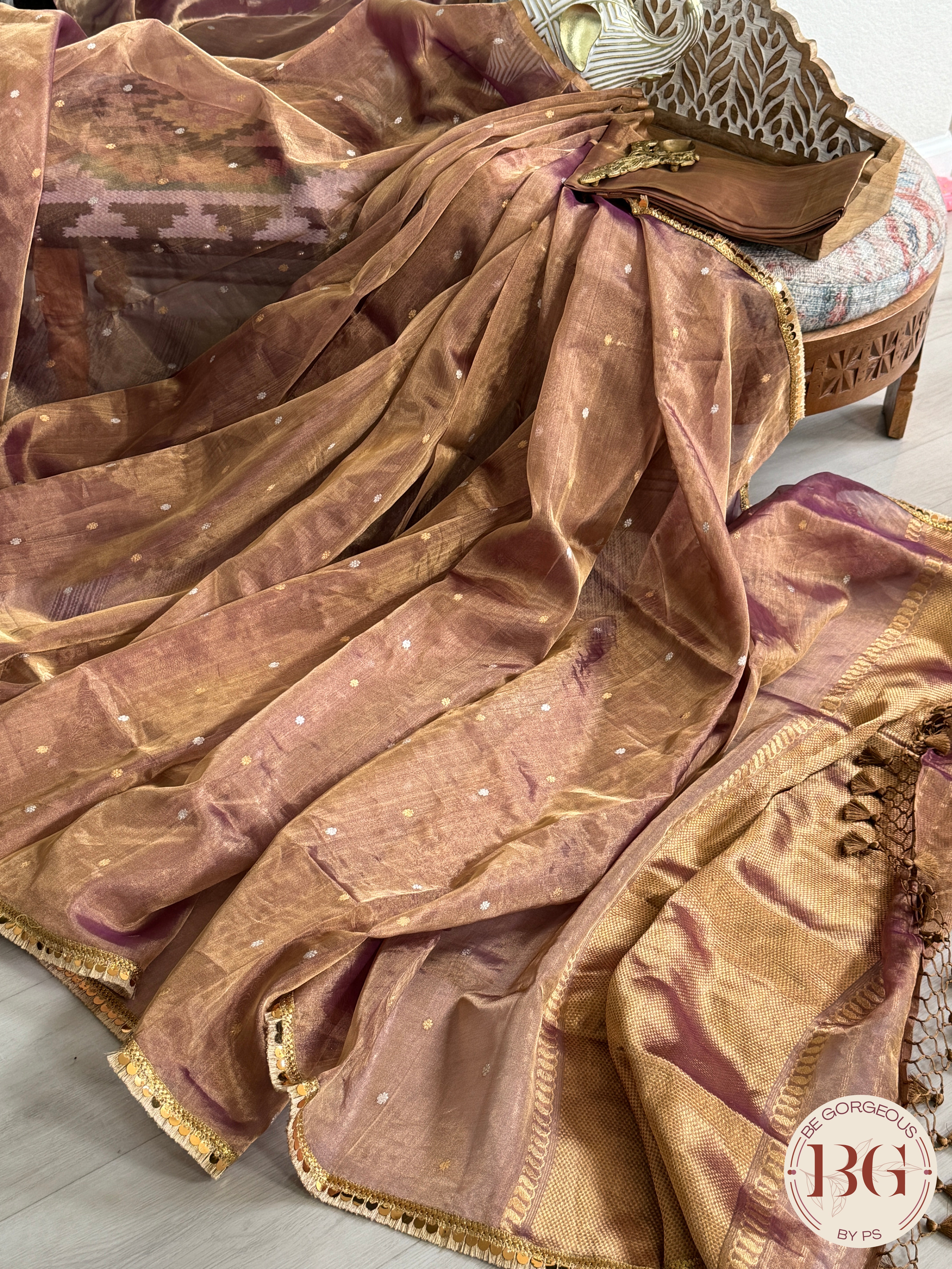 Banarasi Tissue silk with zari handwoven saree, comes with lace and silk mark certificate - peach