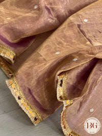 Banarasi Tissue silk with zari handwoven saree, comes with lace and silk mark certificate - peach
