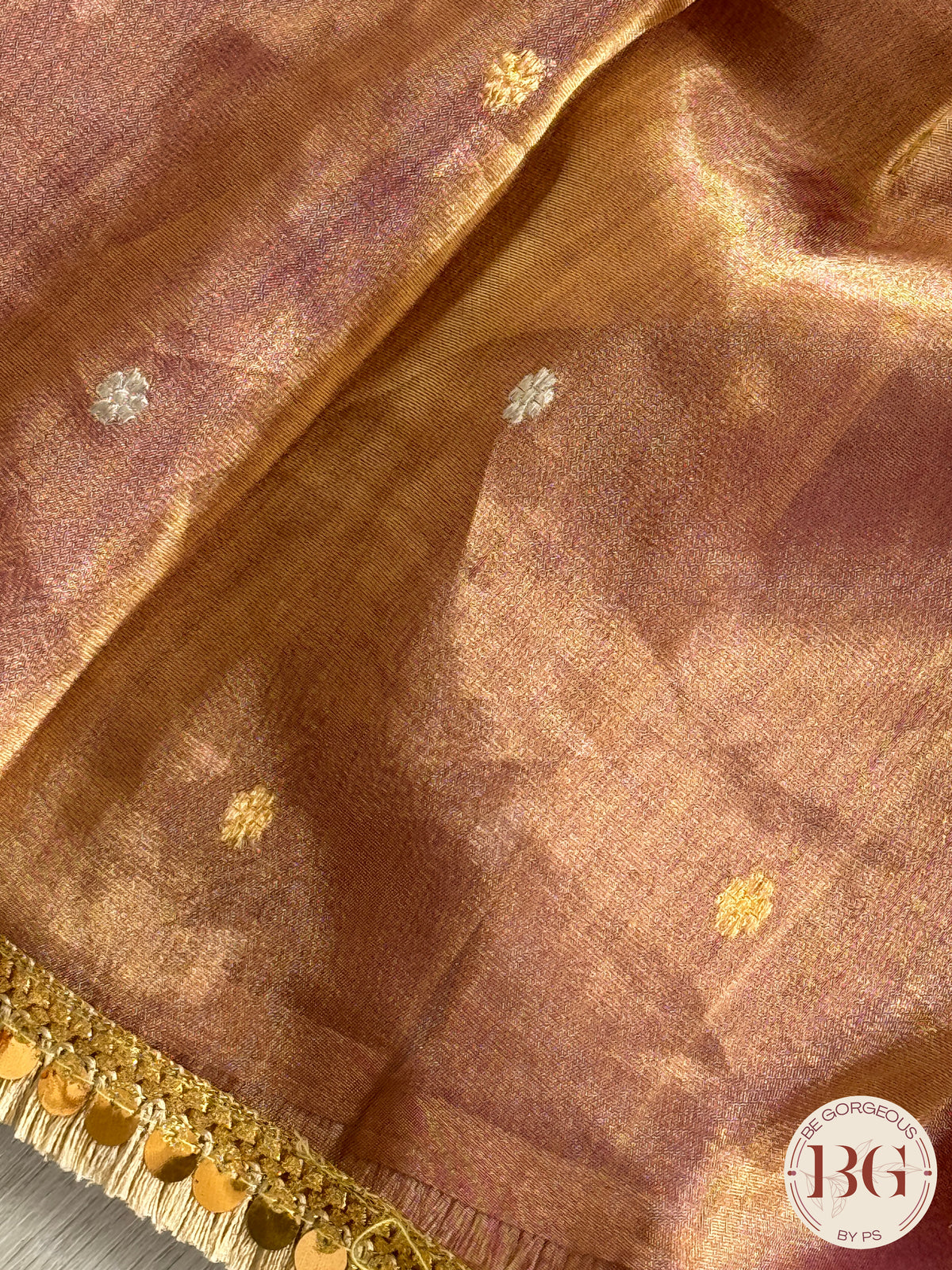 Banarasi Tissue silk with zari handwoven saree, comes with lace and silk mark certificate - peach