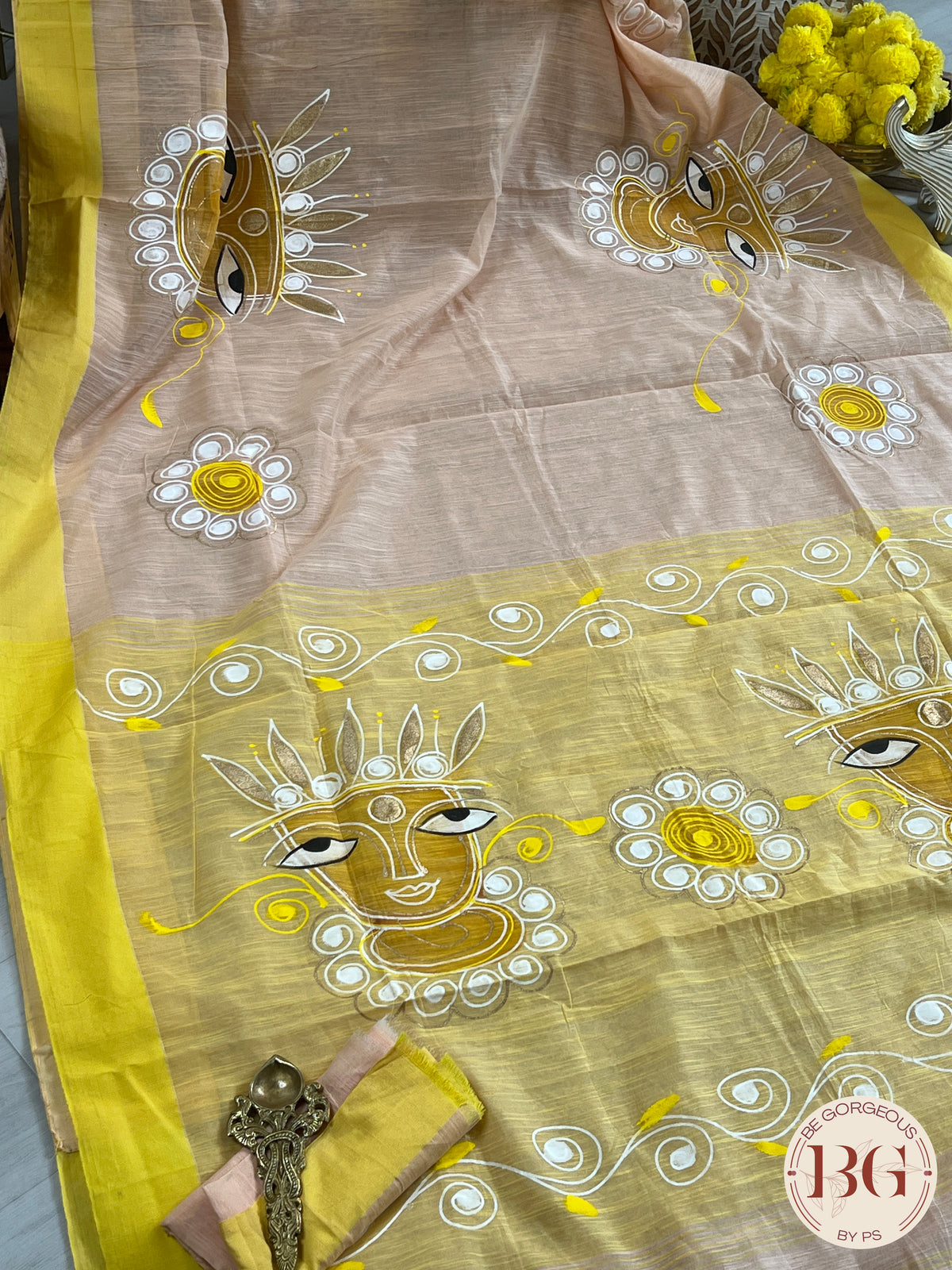 Handpainted Cotton durga saree saree color - peach