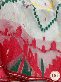 Handloom dhakai jamdani saree color - white red green yellow