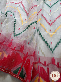 Handloom dhakai jamdani saree color - white red green yellow