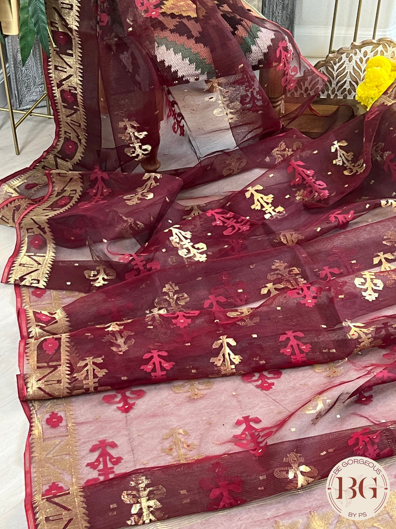 Pure handloom jamdani with zari saree color - maroon
