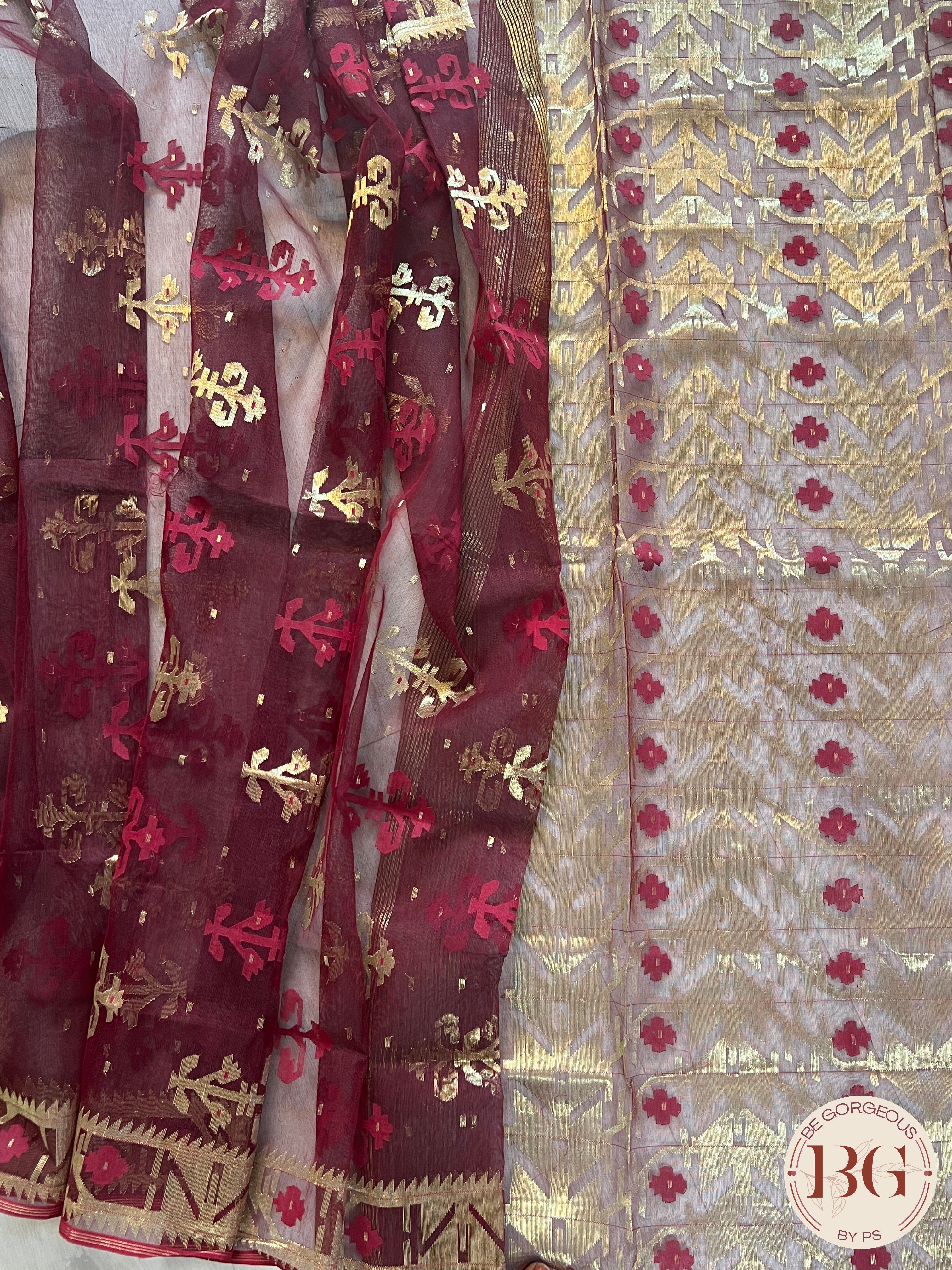 Pure handloom jamdani with zari saree color - maroon