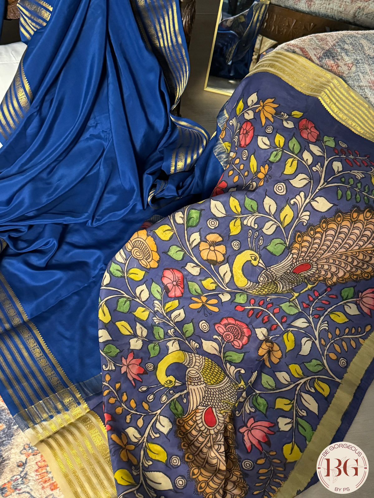 Mysore silk saree with handpainted kalamkari pallu -Blue