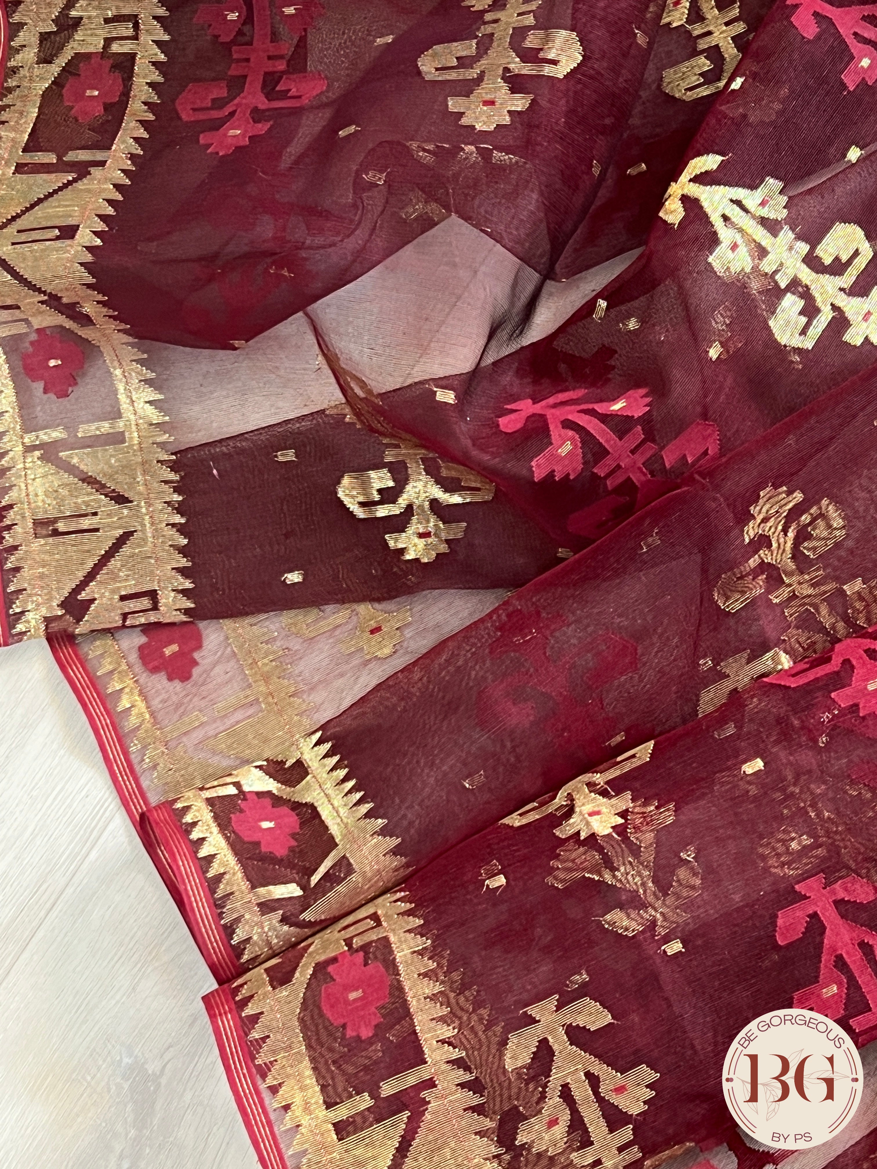 Pure handloom jamdani with zari saree color - maroon