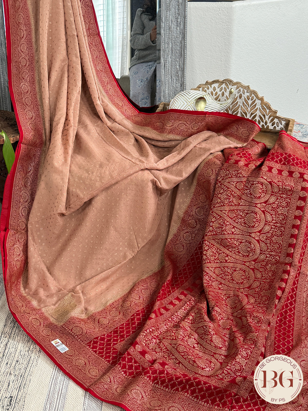 Banarasi Handwoven Khaddi Georgette Saree with Golden & Antique Zari allover and silkmark certificate - Peach
