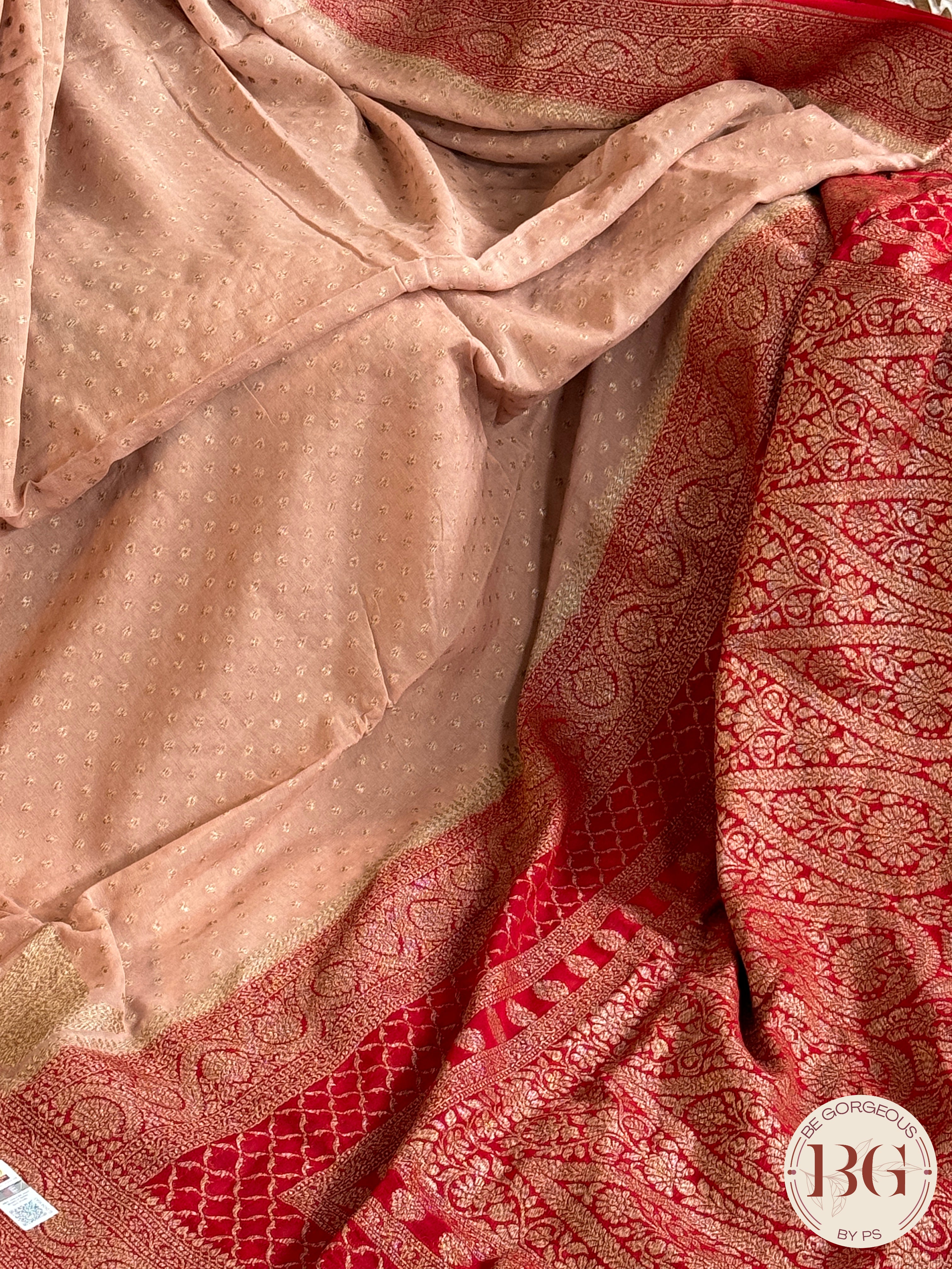 Banarasi Handwoven Khaddi Georgette Saree with Golden & Antique Zari allover and silkmark certificate - Peach