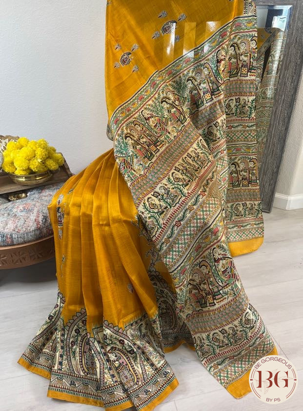 Silk Madhubani Printed saree color - mustard